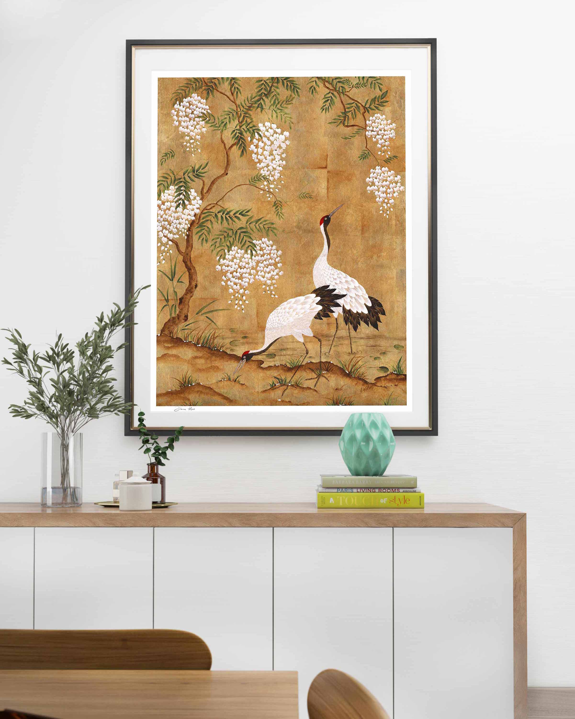 'Okyo' framed chinoiserie art print by Diane Hill in lifestyle photo