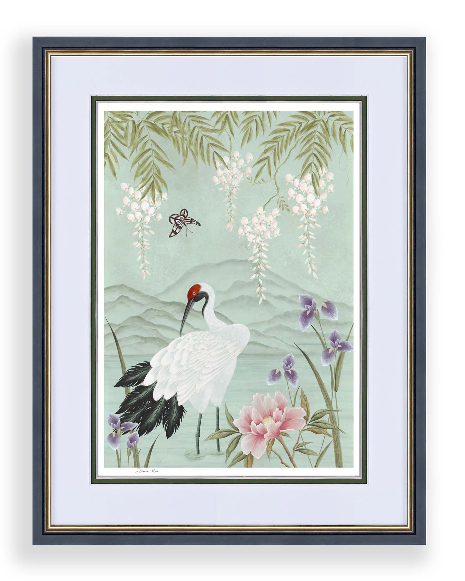 Elina chinoiserie art print by Diane Hill in a black frame
