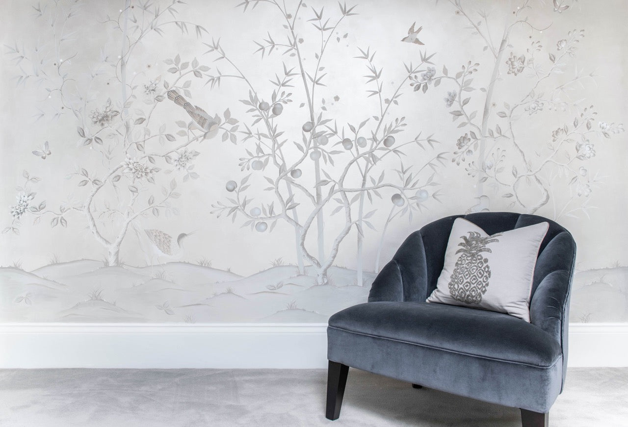 silver vintage style chinoiserie wallpaper living room design