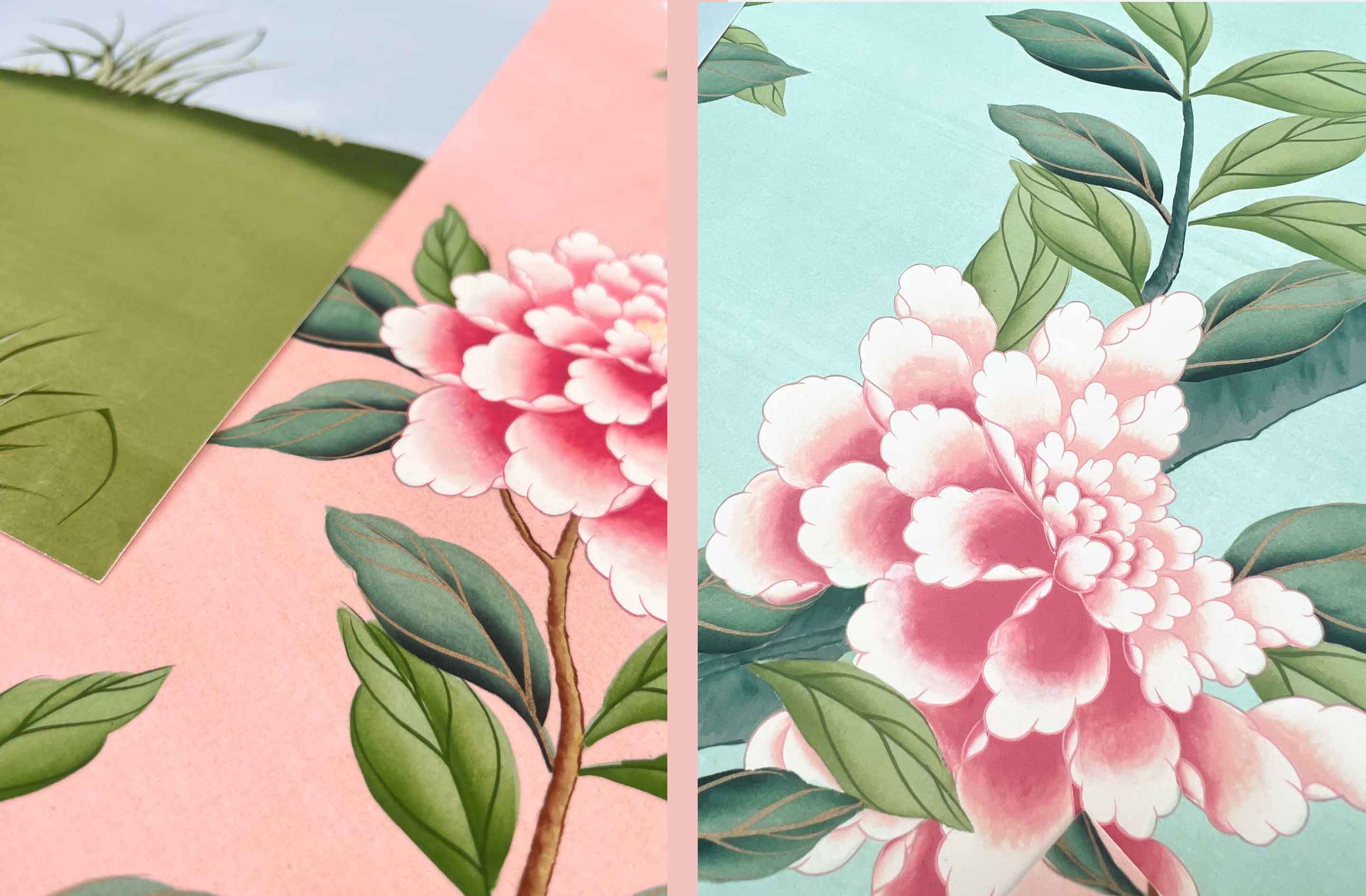 Chinoiserie peony painting art print paper close up look at brushstrokes