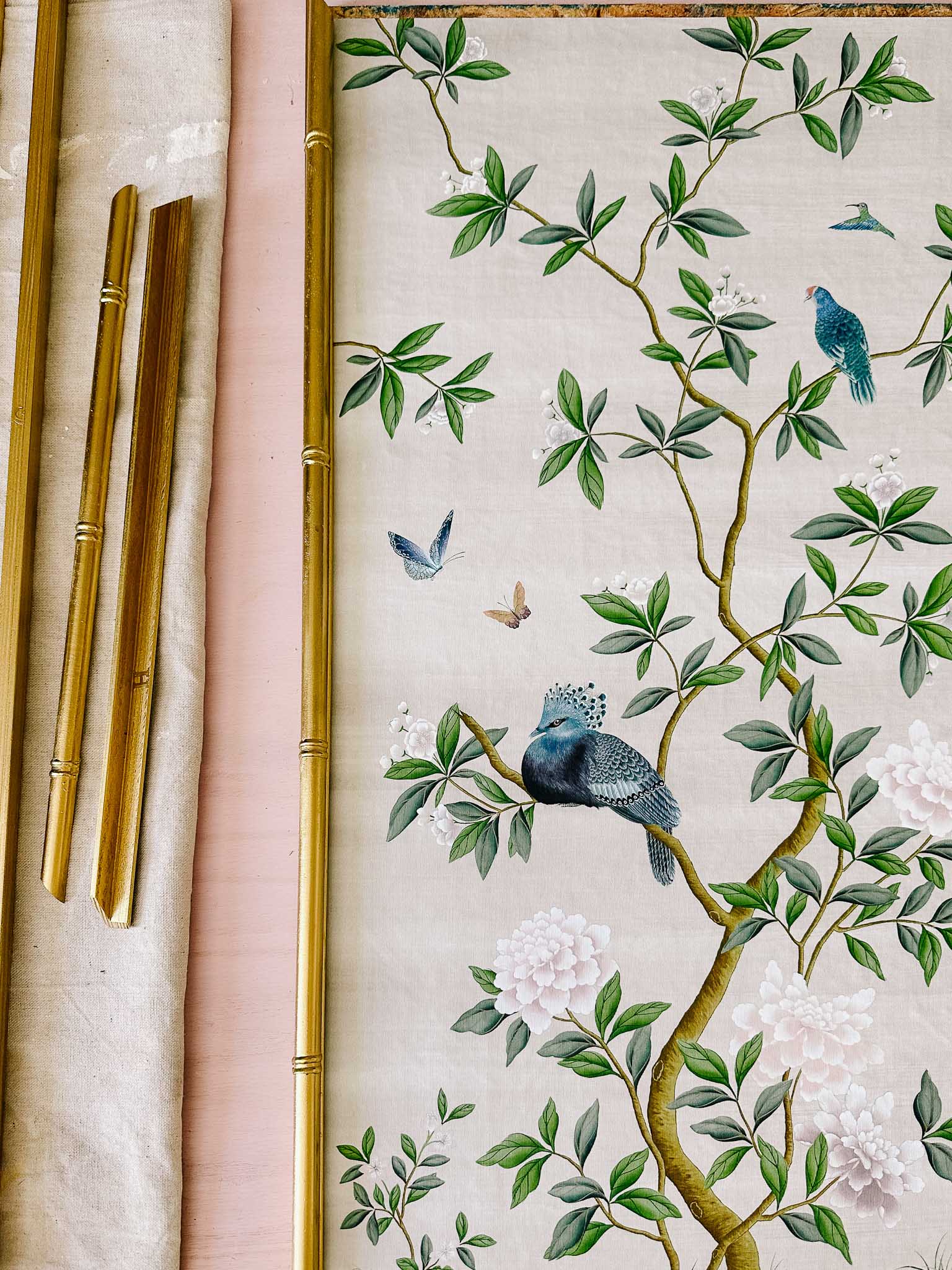 'Pearly Gates' chinoiserie panel by Diane Hill in a DIY gold bamboo frame