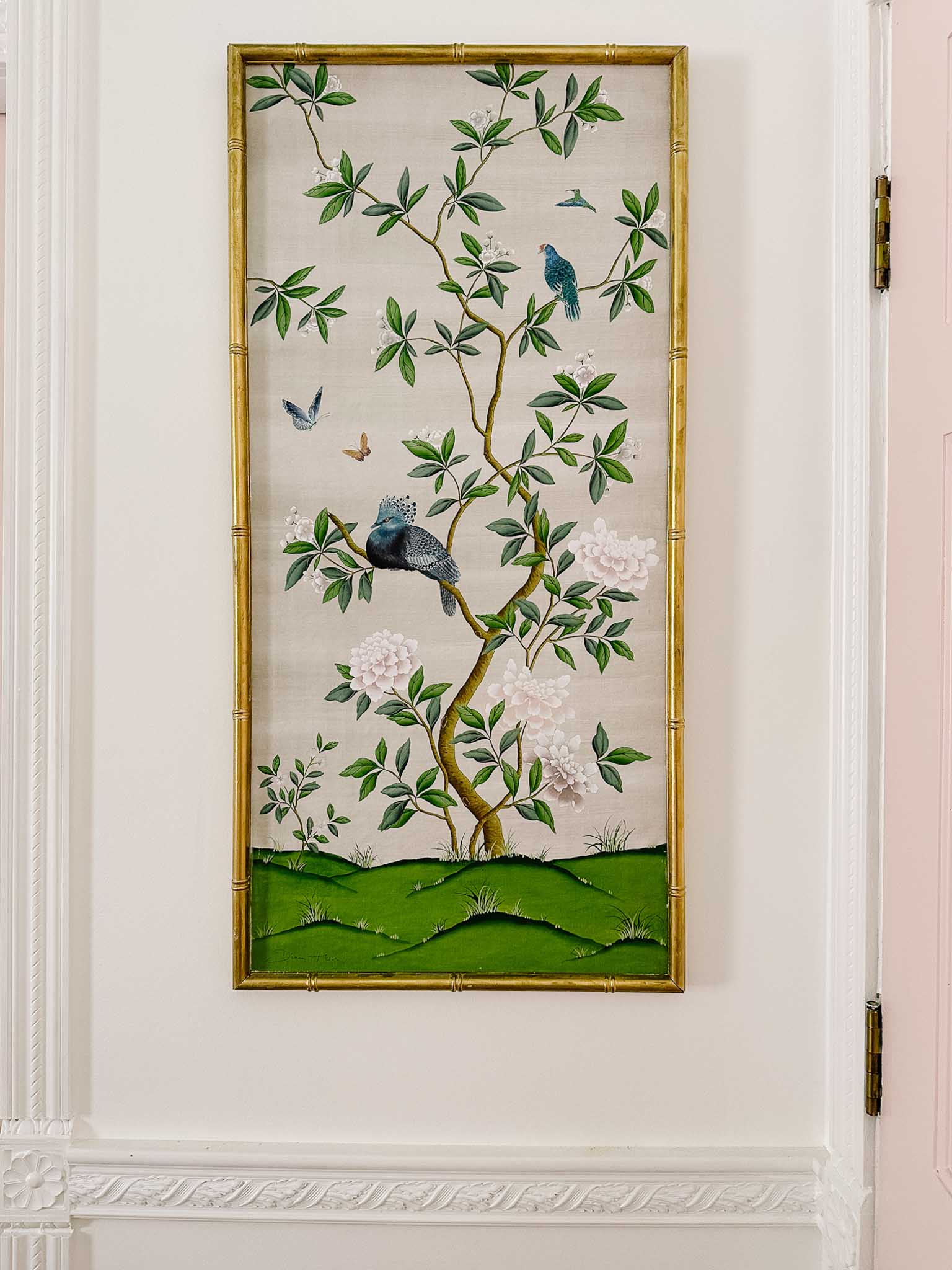 Diane Hill's 'Pearly Gates' chinoiserie panel in a DIY gold bamboo frame made by blogger 'At Home With Ashley'
