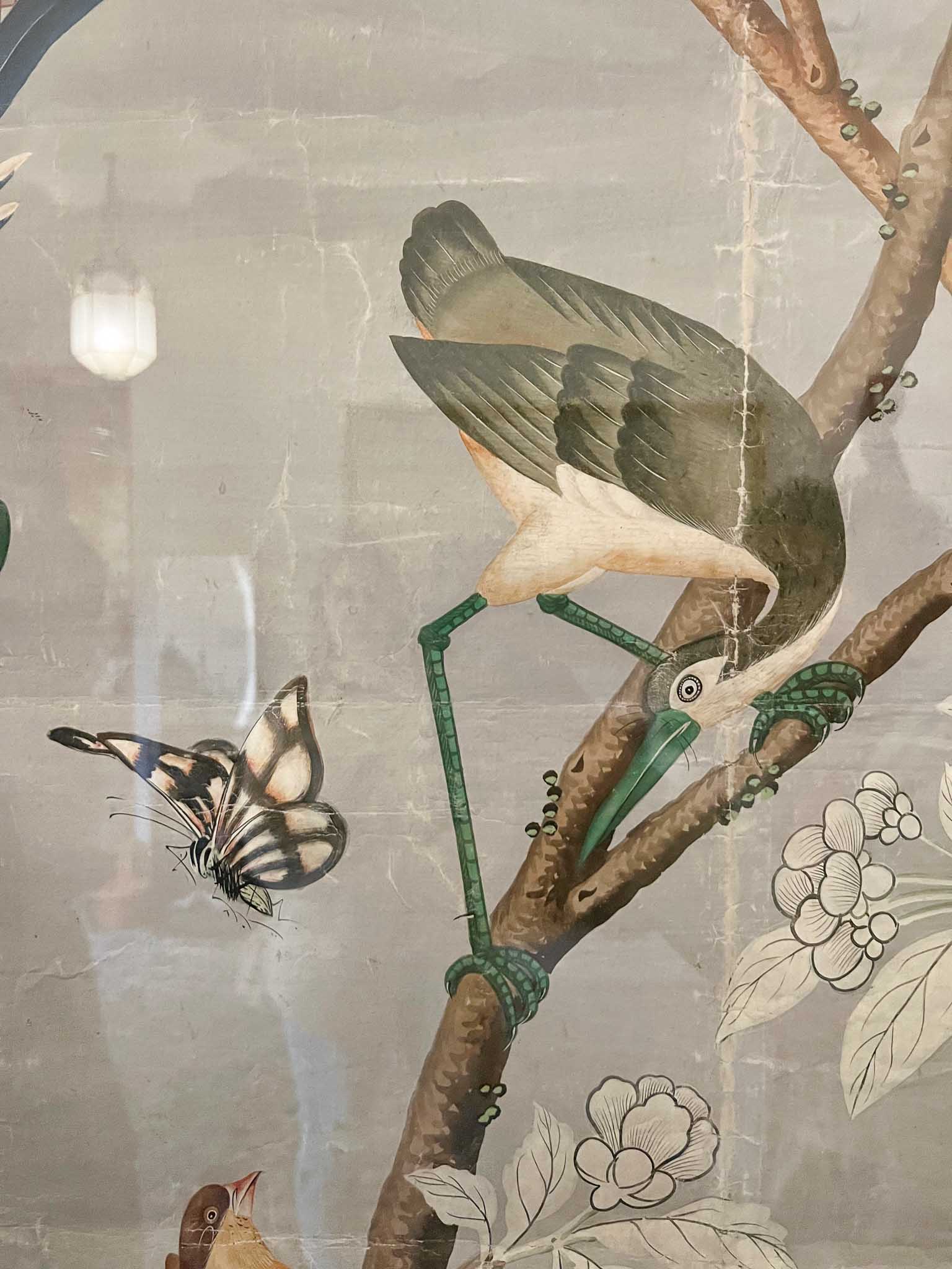 Hand painted bird on grey chinoiserie wallpaper from a panel at Brighton Pavilion