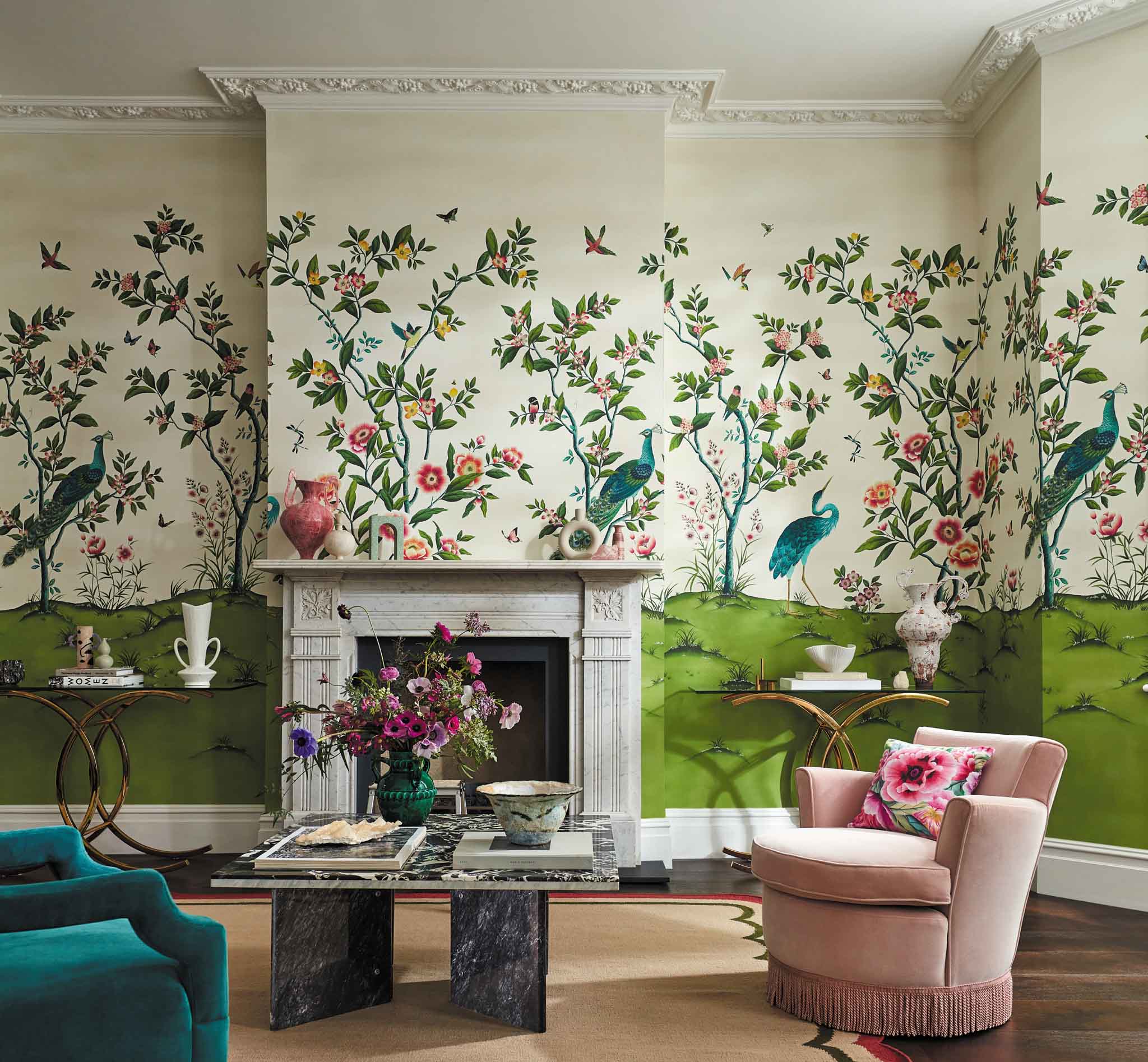 Chinoiserie wallpaper mural by Diane Hill and harlequin