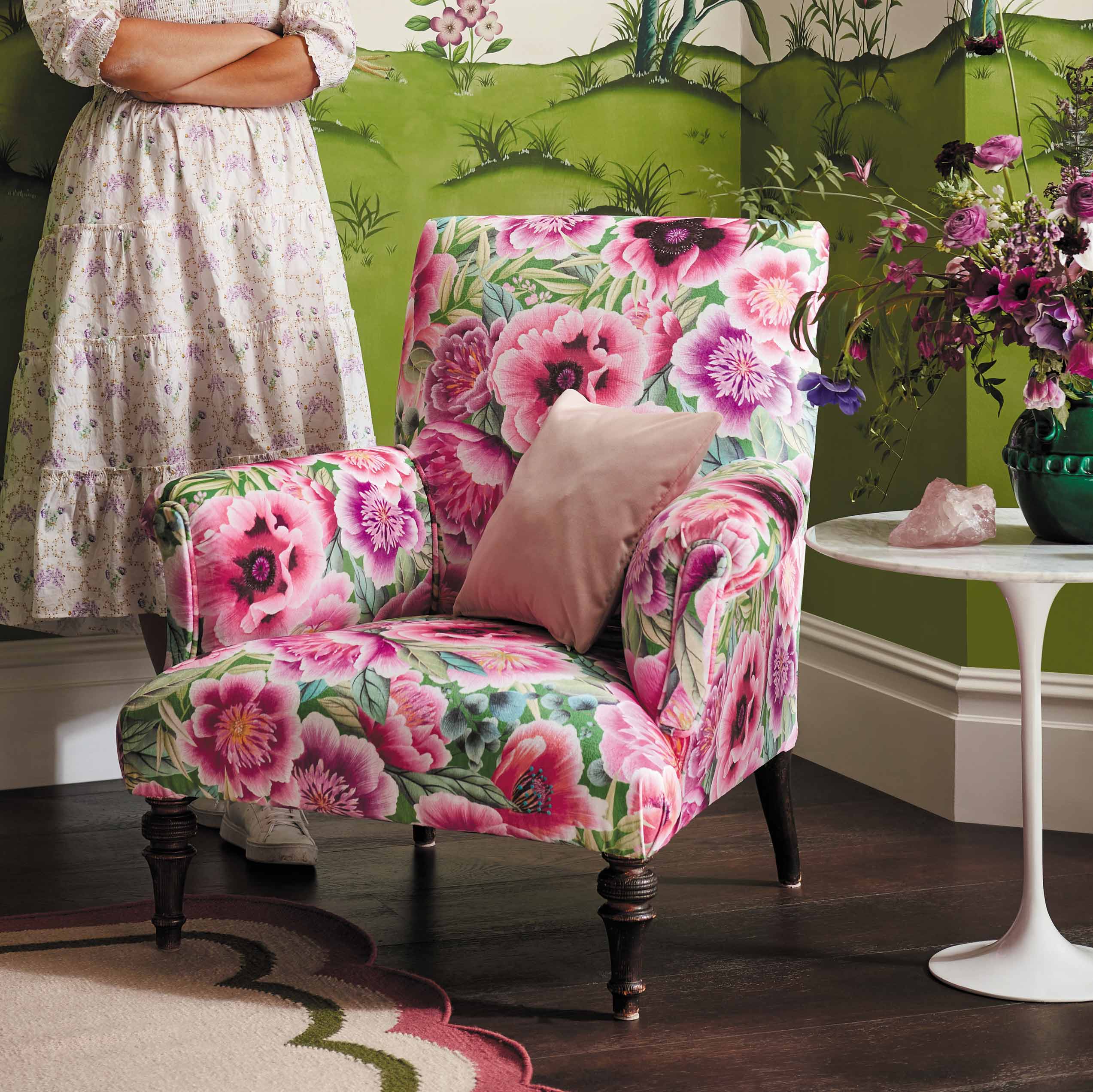 Marsha bold floral velvet fabric upholstered on a chair