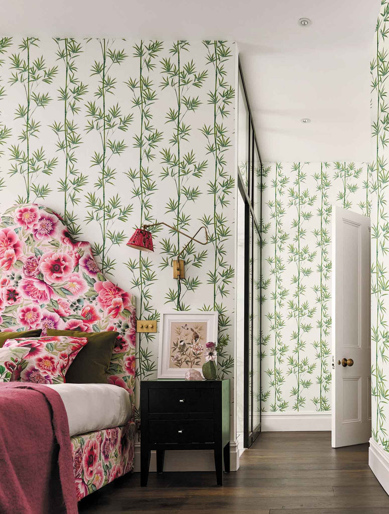 Isabella green and white bamboo wallpaper, Harlequin X Diane Hill Chinoiserie wallpapers