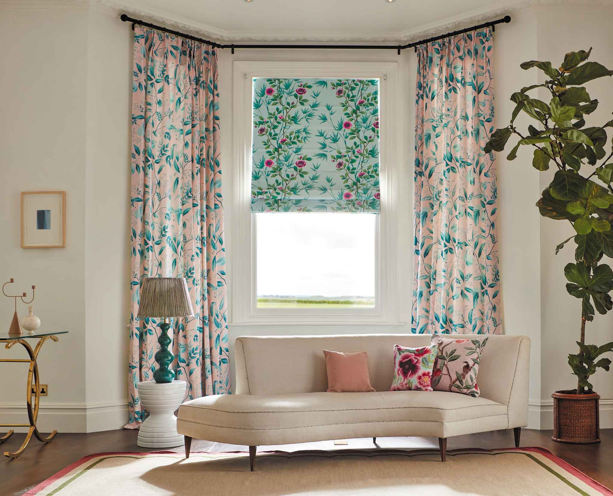 living room photo featuring blinds and curtains in Diane Hill's chinoiserie fabrics