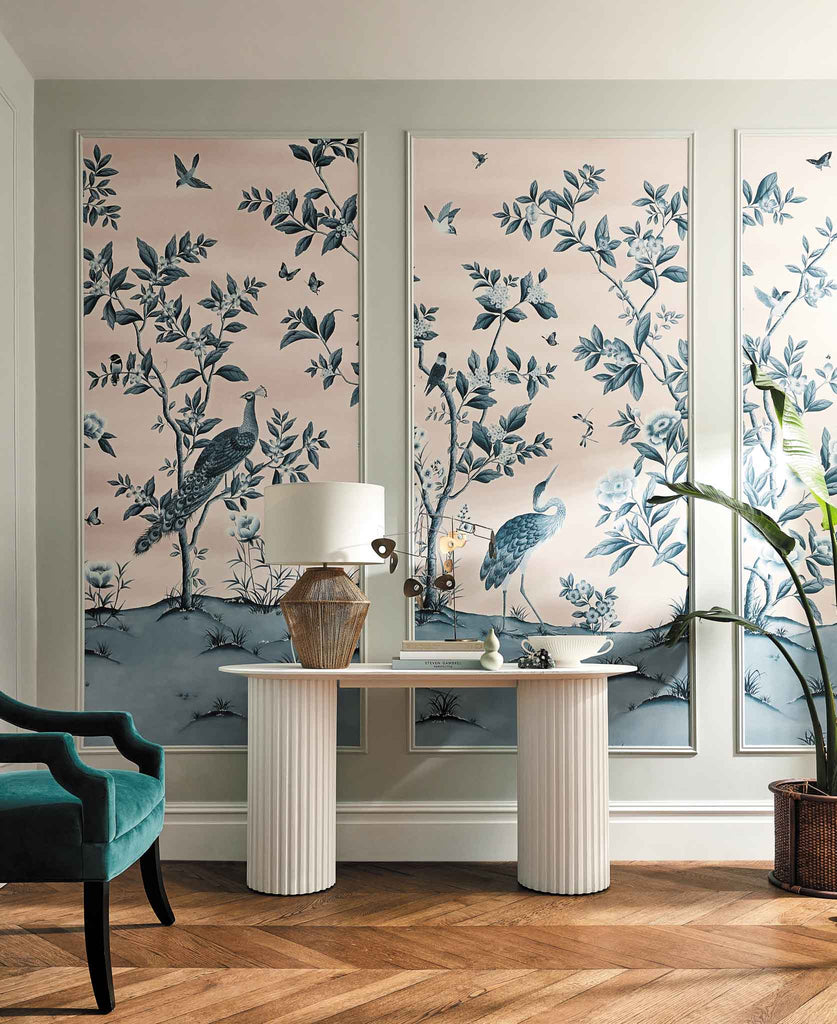 'Florence' Chinoiserie wallpaper mural framed in panels for a luxury silk wallpaper effect