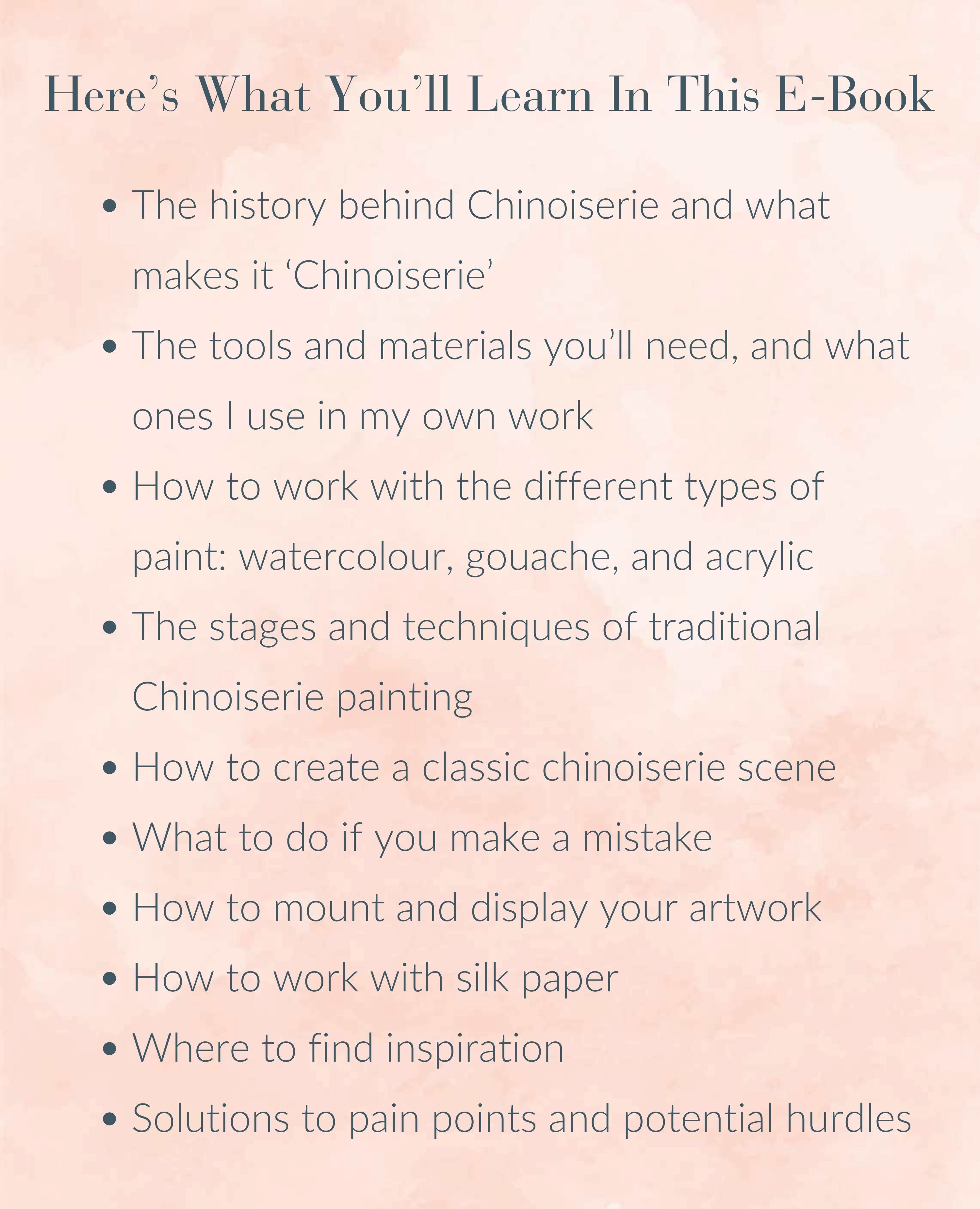 graphic with text overlay explaining what you'll learn in Diane Hill's upcoming e-book 'How To Paint Chinoiserie Art'