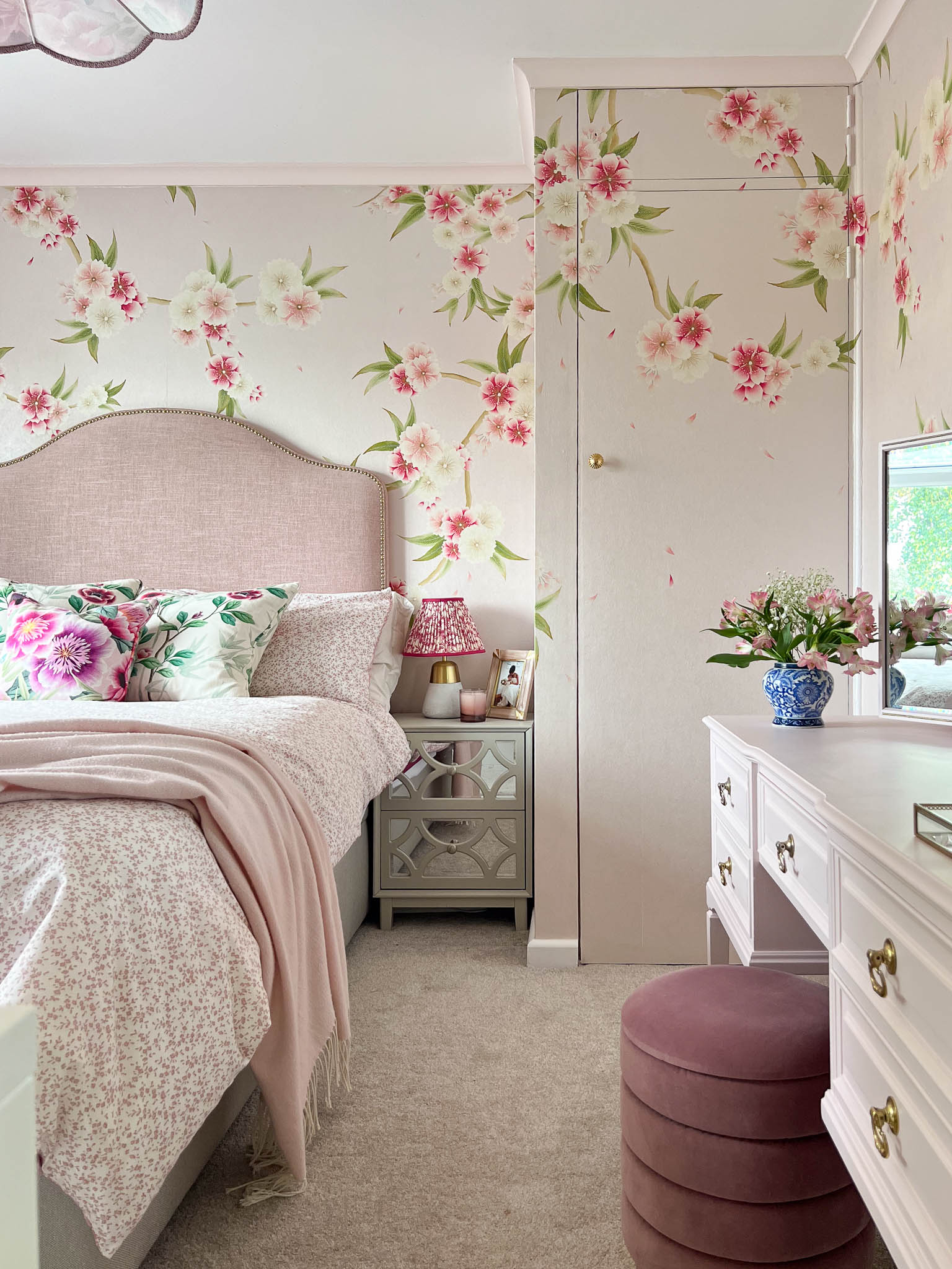 Diane Hill's daughter Rosie's pink chinoiserie bedroom featuring 'Rosa' wallpaper