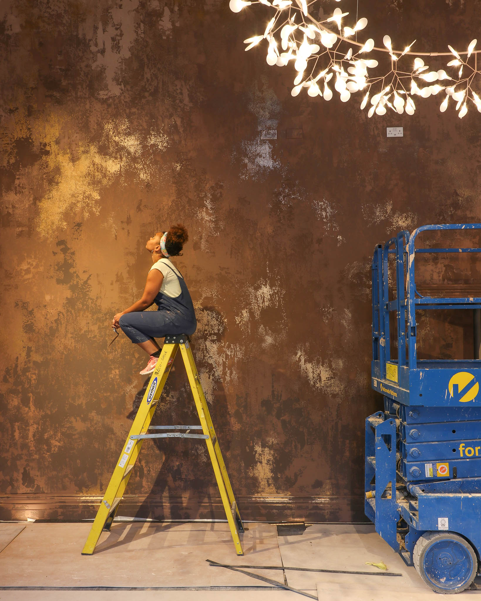 gouache and watercolour artist diane hill on ladder painting custom chinoiserie wall mural