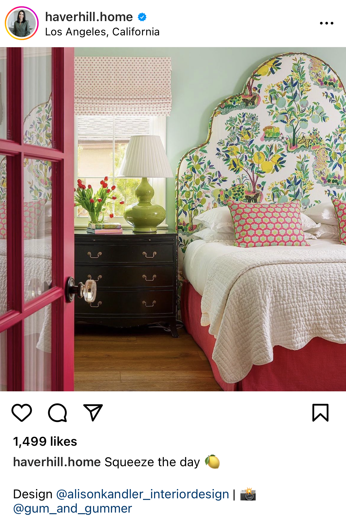 Instagram screenshot of colourful grandmillennial style bedroom with a red doo by blogger @haverhillhome