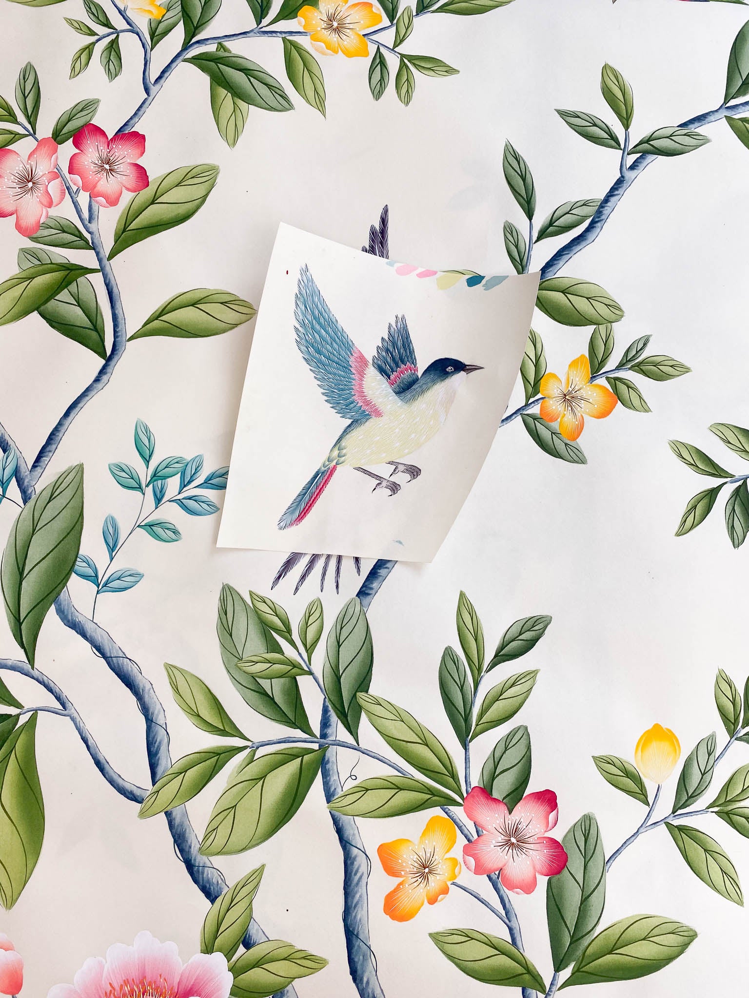 cut out Chinese illustration style bird pinned to floral chinoiserie painting