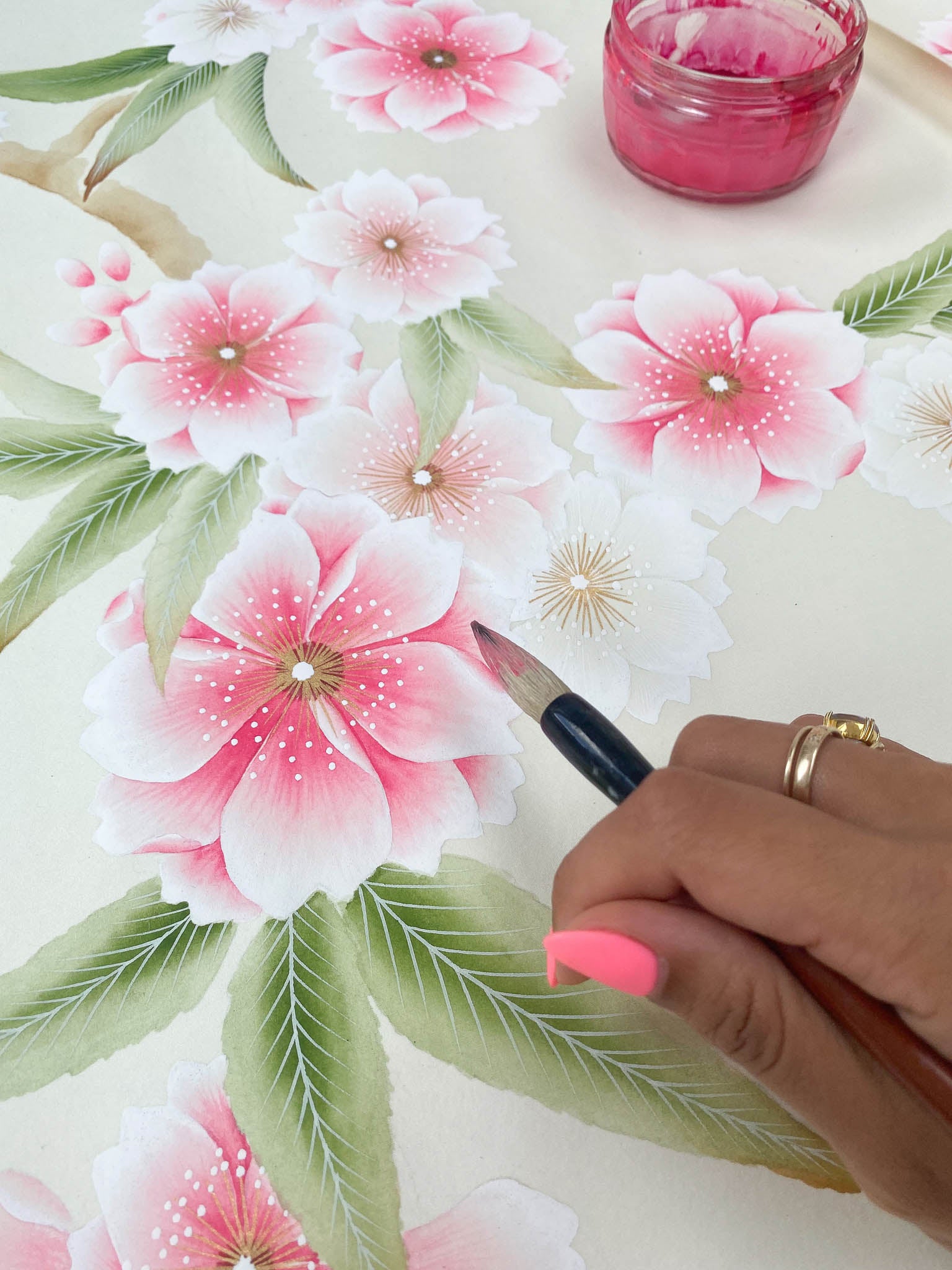 Chinoiserie style cherry blossom painting with pink flowers