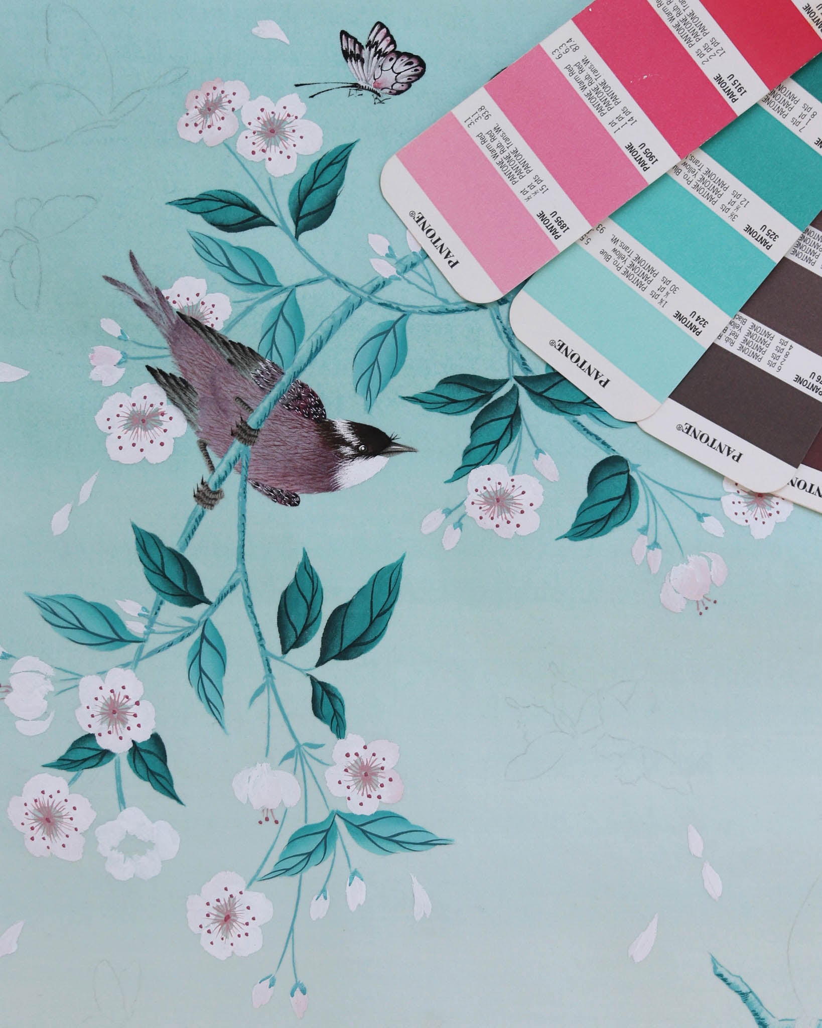 pantone paint colour swatch choices with diane hill's finished chinoiserie bird artwork