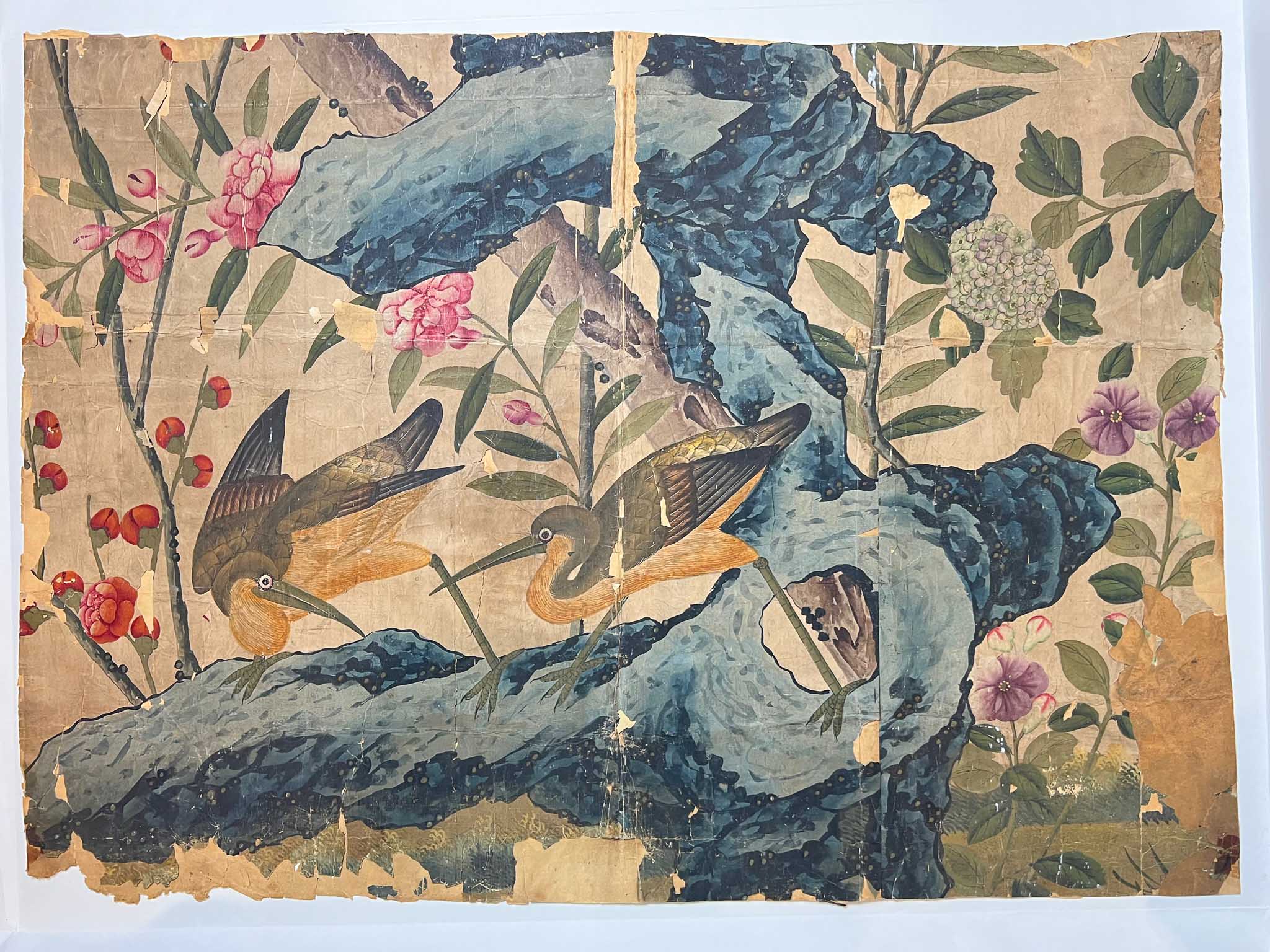A photograph of a panel of chinoiserie wallpaper from Belvoir Castle