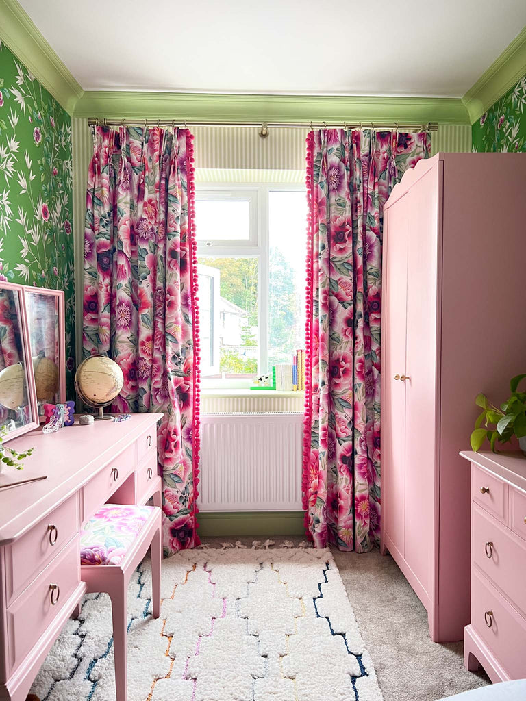 Chinoiserie bedroom with pink and green floral curtains in marsha fabric by harlequin