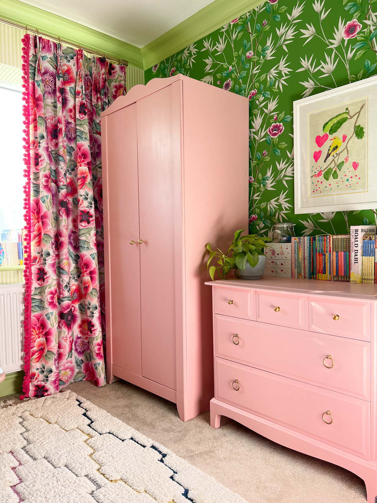 Pink bedroom furniture with lady alford green chinoiserie wallpaper and pink marsha harlequin fabric curtains