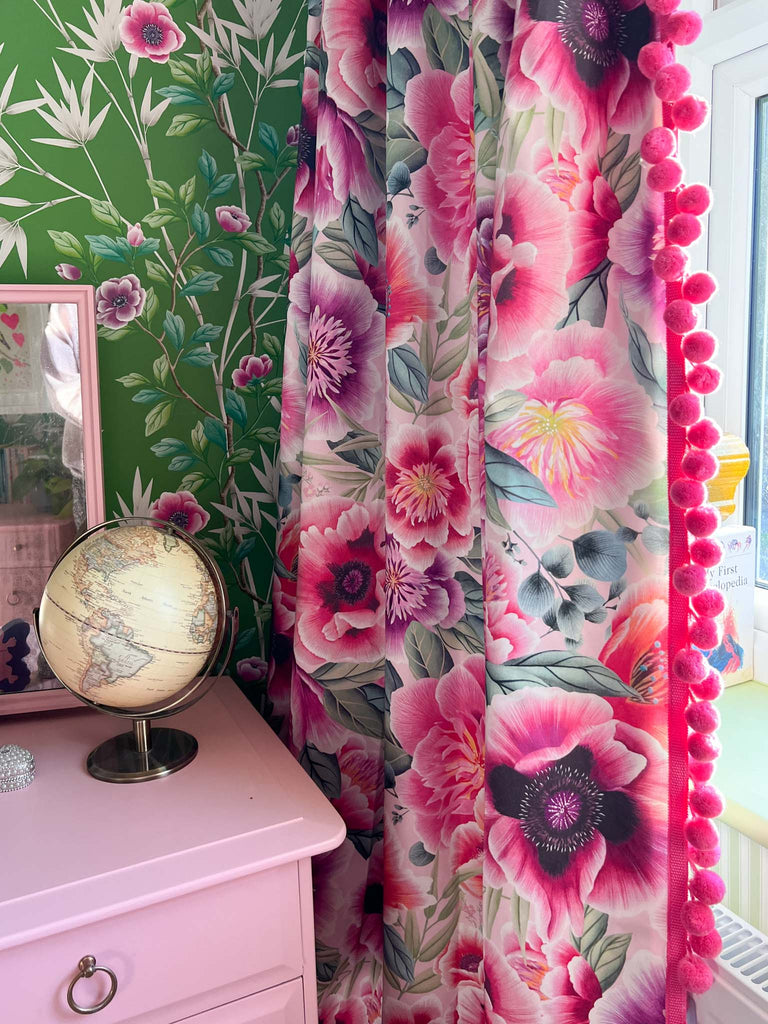 Marsha harlequin floral fabric with pink pom poms with green lady alford harlequin wallpaper