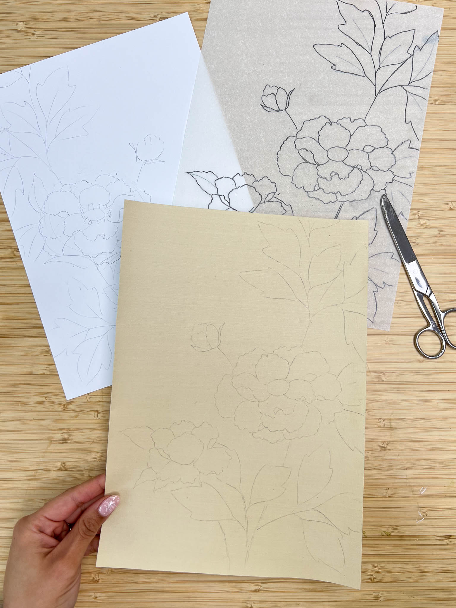 Artist Diane Hill's original floral chinoiserie design in stages; original floral sketch, traced botanical design, final art design on silk paper