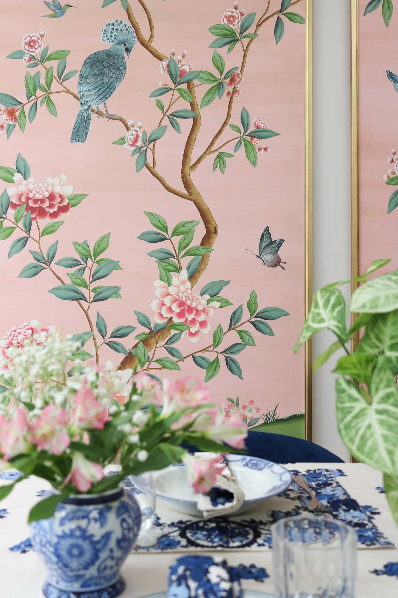 'Euphoria' chinoiserie wall panel print by diane hill photographed in her dining room behind decorated dining table