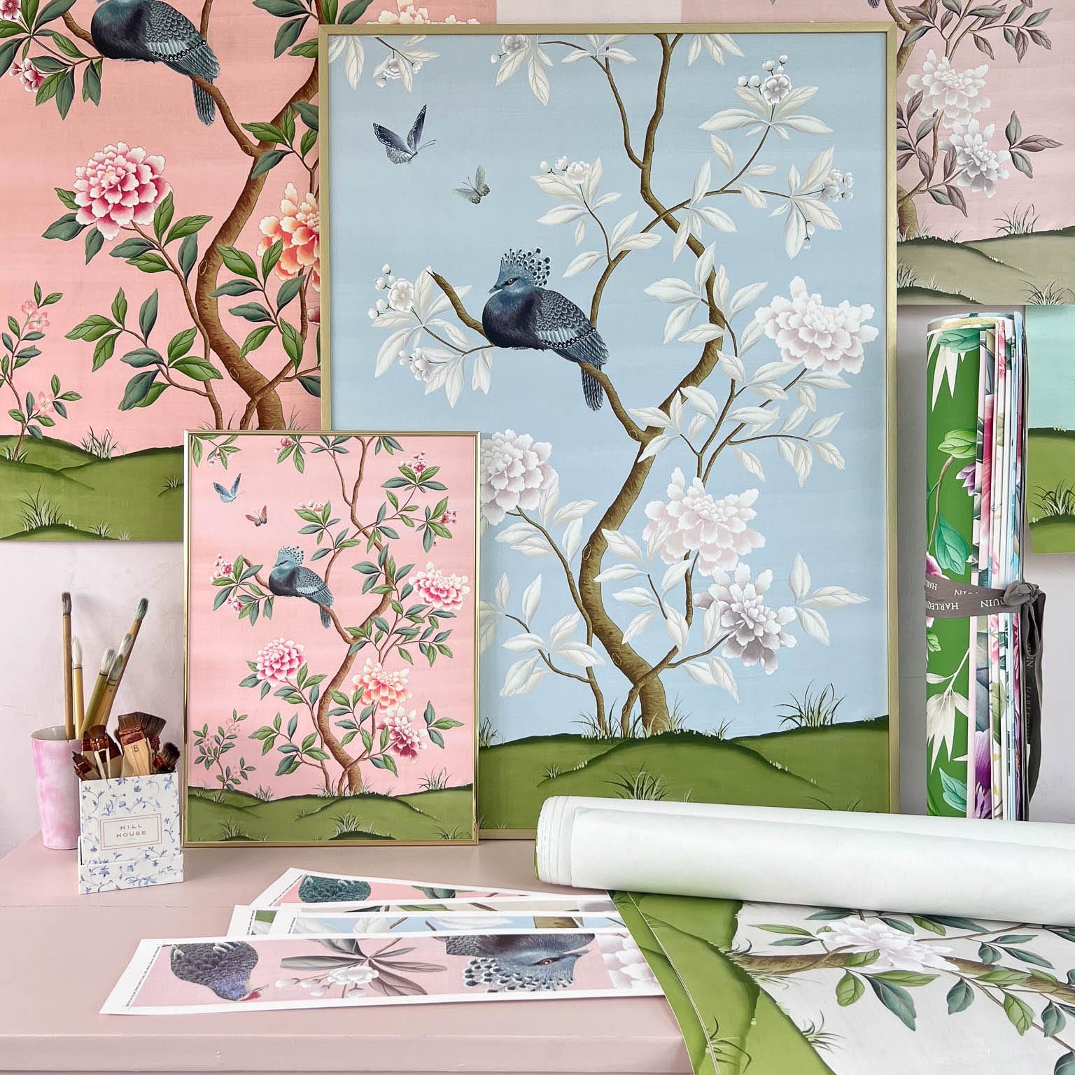 Chinoiserie framed art prints blue and white and pink chinoiserie in my art studio