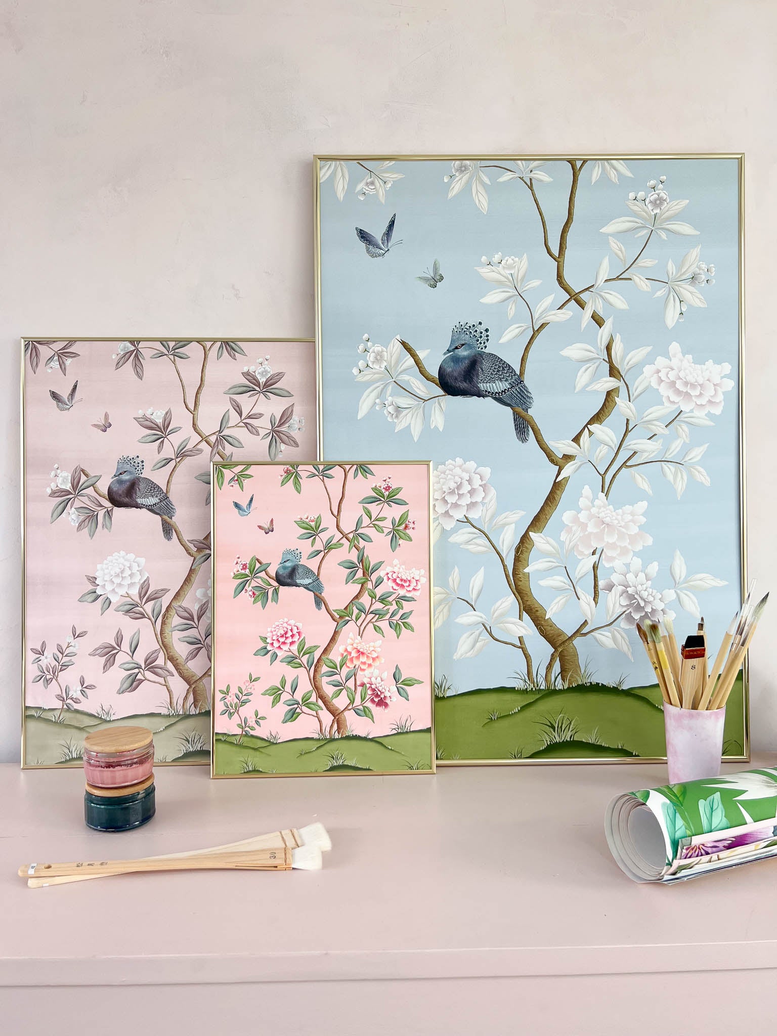 Chinoiserie blue and white framed art prints and pink chinoiserie