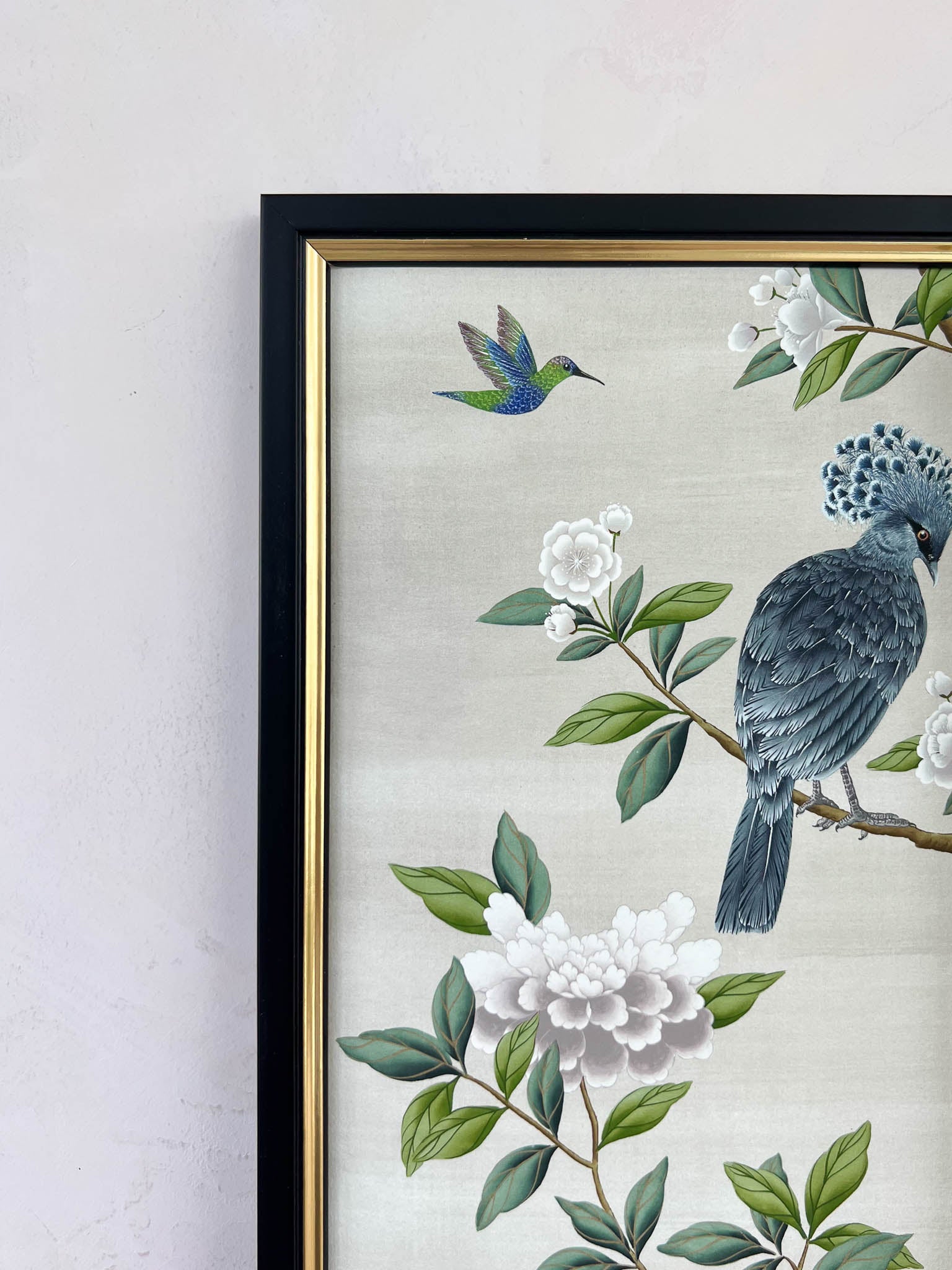 Black frame detail on Diane Hill's 'Pearly Gates' chinoiserie wall panel print