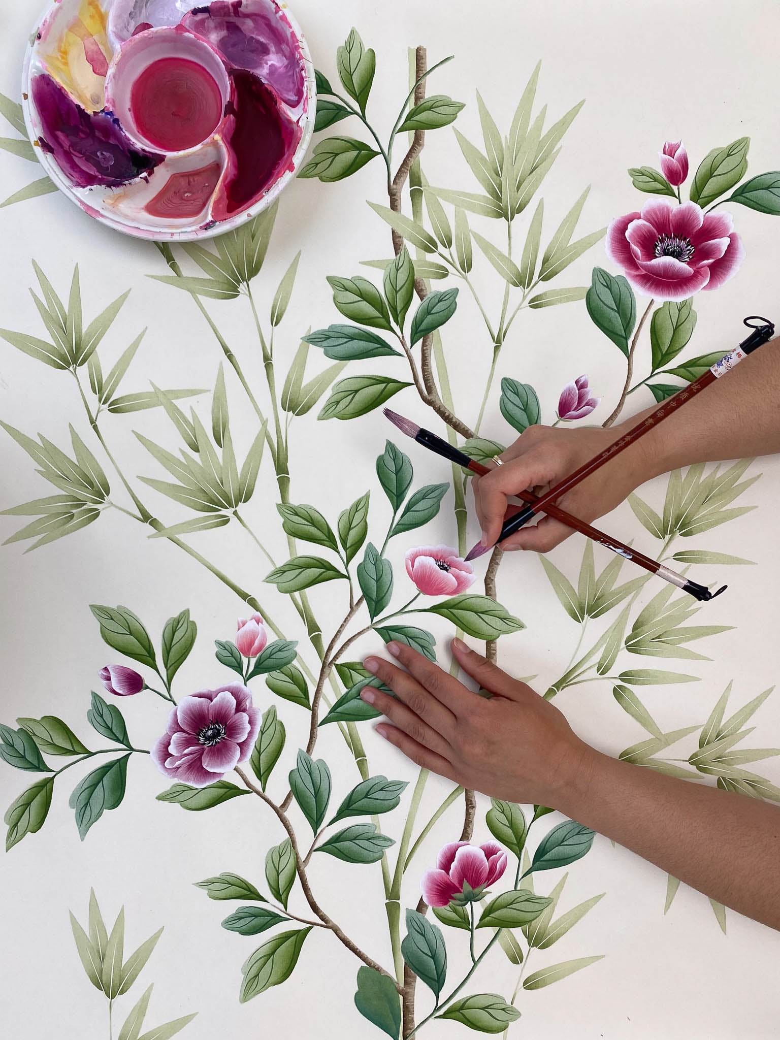 Chinoiserie painting on silk wallpaper of flowers leaves and bamboo