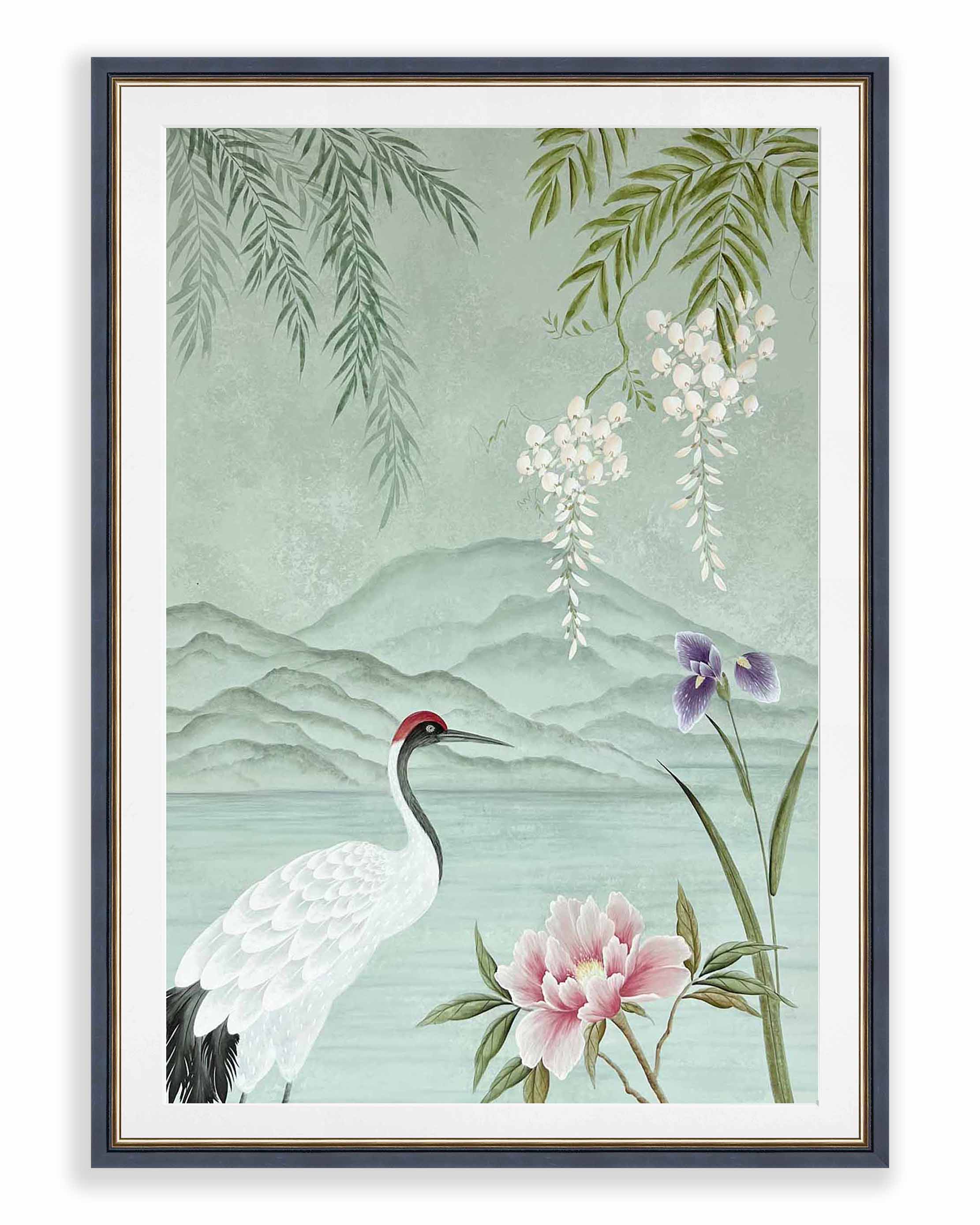 Diane Hill's original chinoiserie painting 'Japanese Crane And Wisteria Mountain Scene'