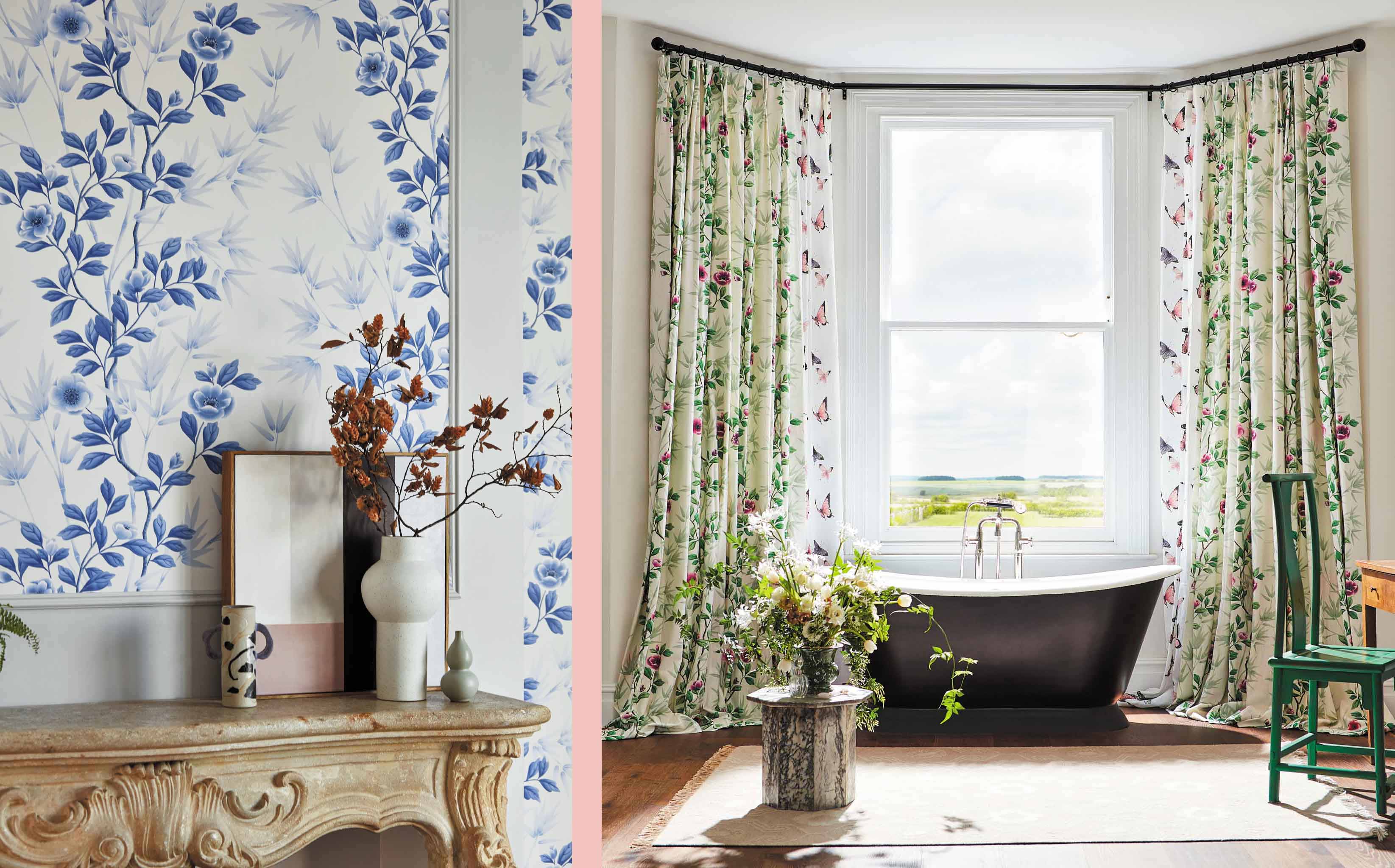 Lady Alford chinoiserie bathroom with blue chinoiserie wallpaper and curtain fabric