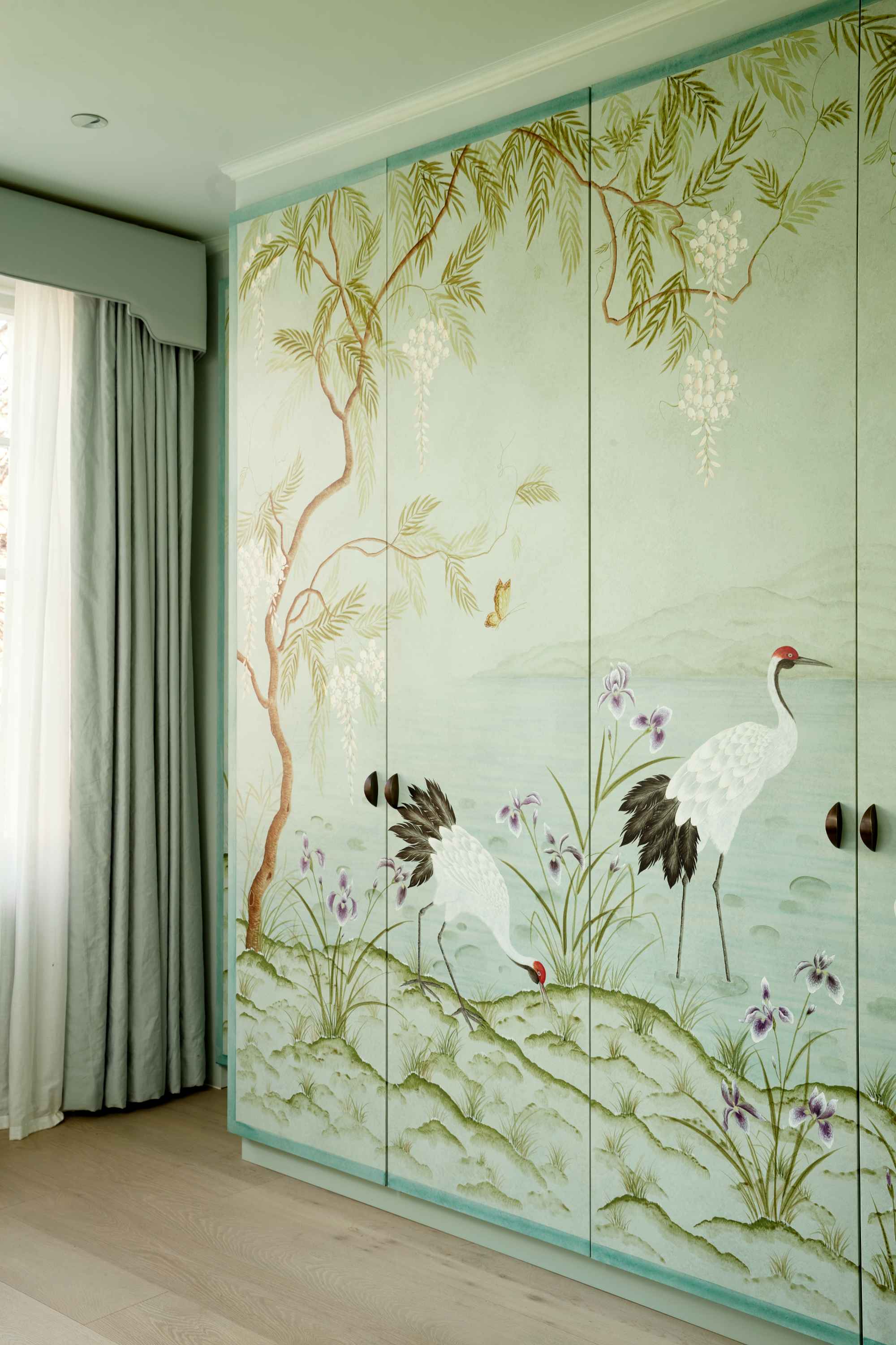 Hand painted chinoiserie wardrobe mural by Diane Hill