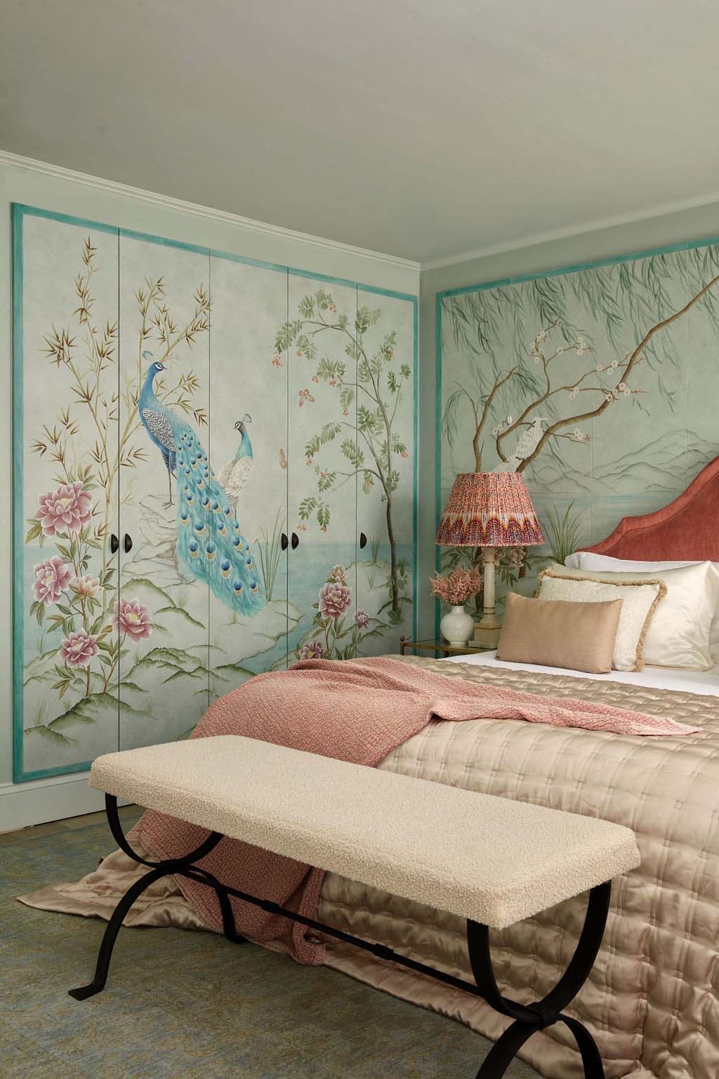 Chinoiserie wardrobe and wall murals painted by hand by Diane Hill in a Knightsbridge townhouse bedroom