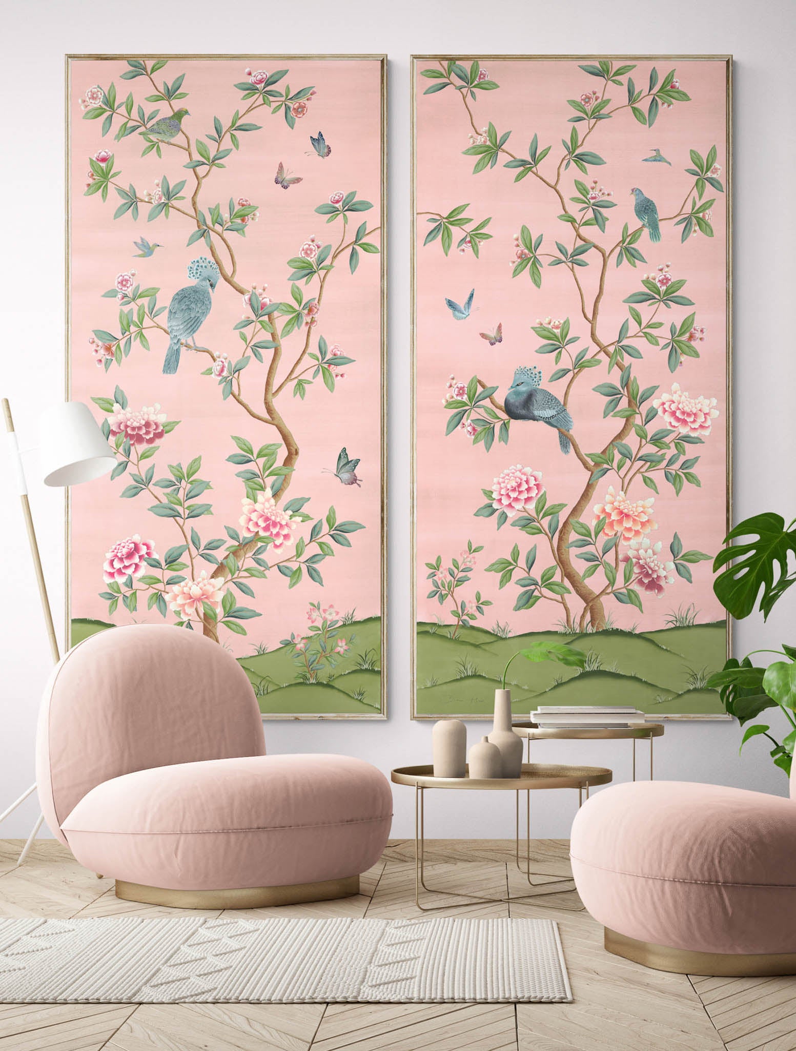 Pink chinoiserie wallpaper style panels