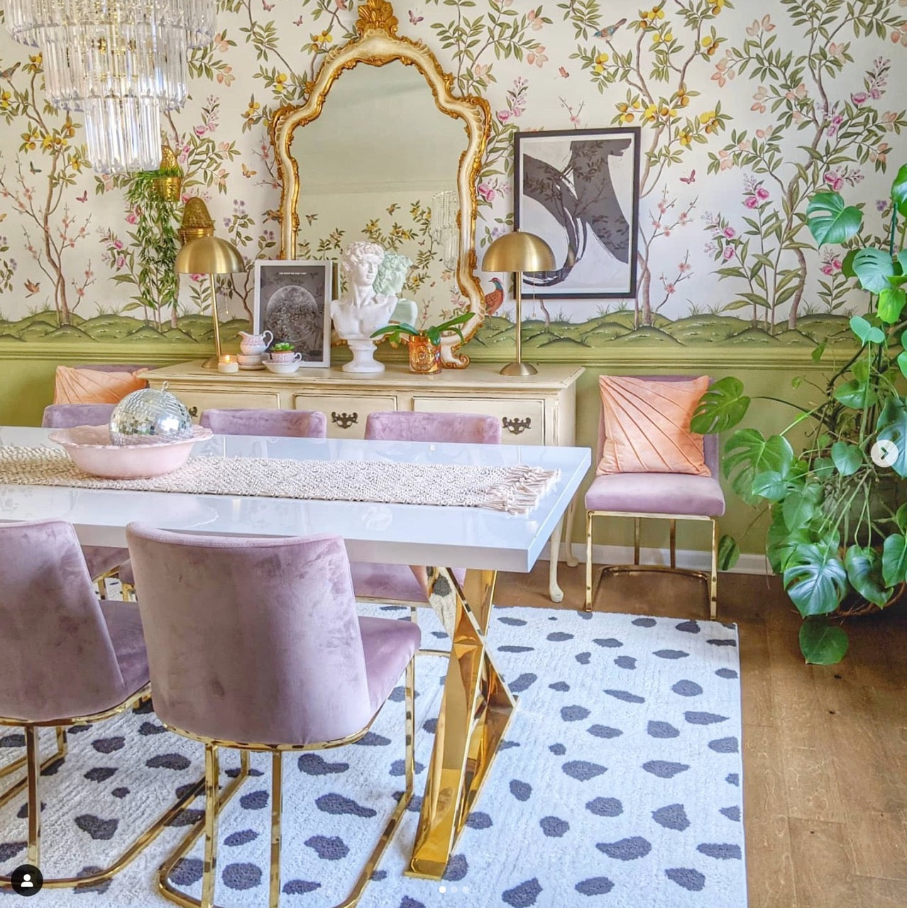 'Grandmillennial' style dining room by blogger 'preppy bohemian at home' featuring chinoiserie chic wallpaper from Rebel Walls by Diane Hill