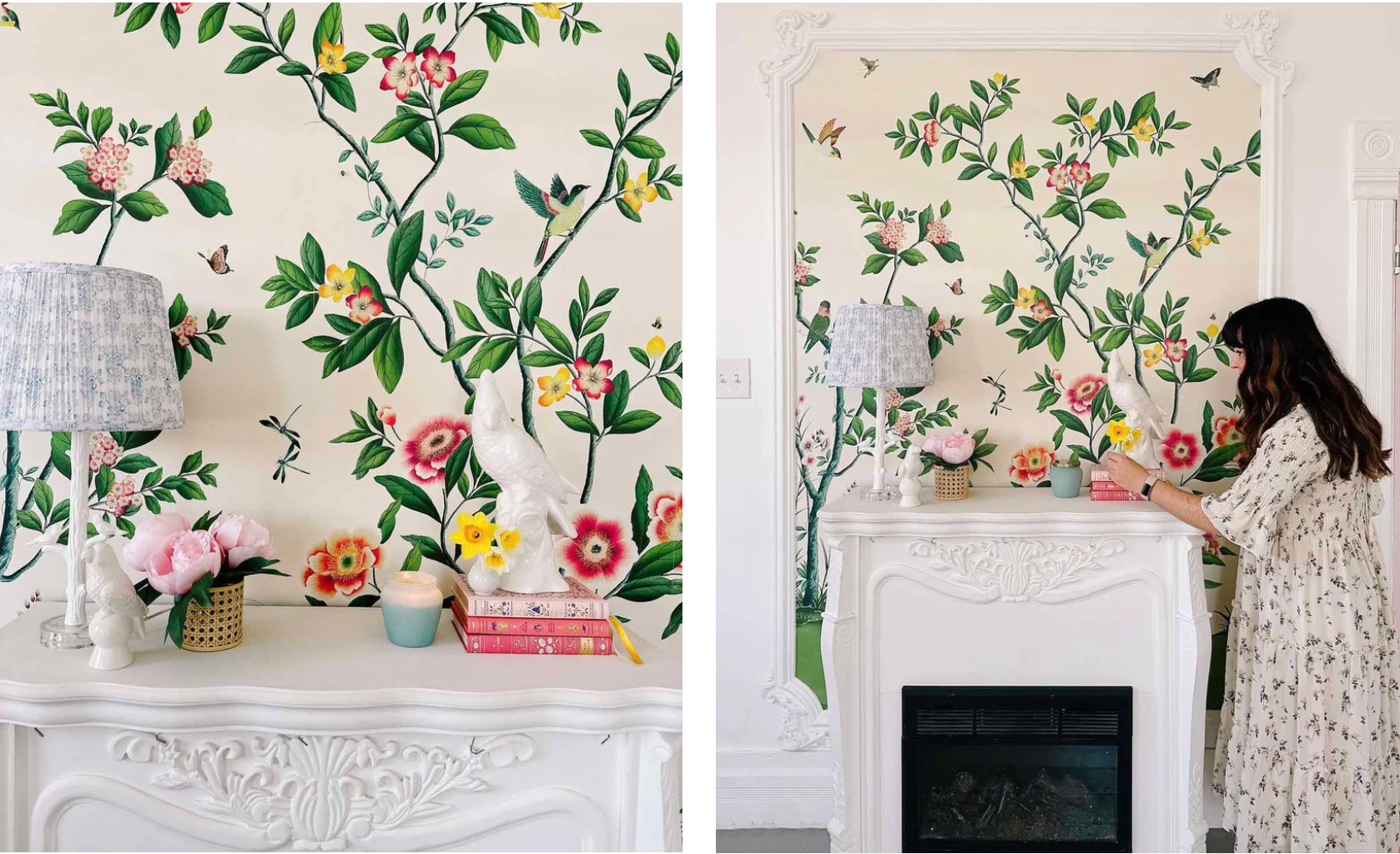 Side by side images of 'Florence' chinoiserie wallpaper by Diane Hill photographed and styled by blogger 'At Home With Ashley'