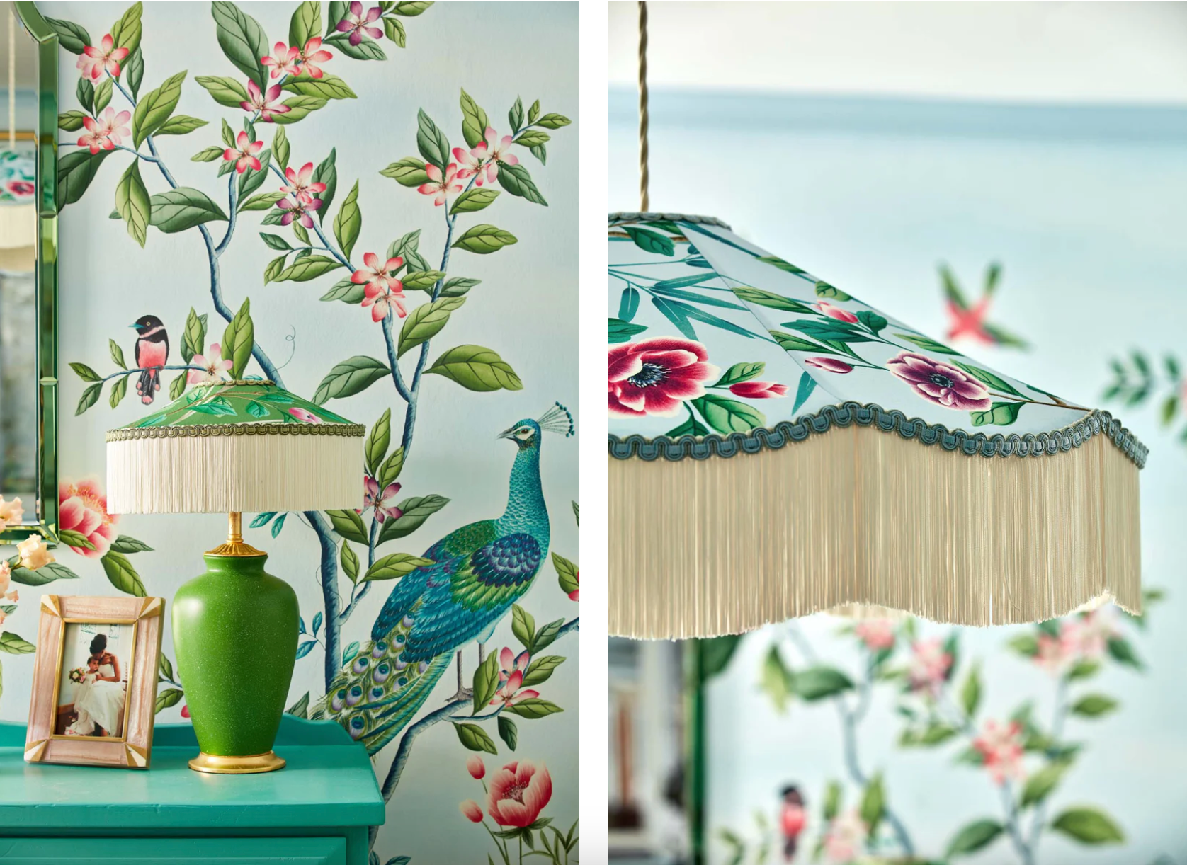 Side by side images of vintage looking lampshades with chinoiserie fabric by Diane Hill and tassels made by Beauvamp Lighting
