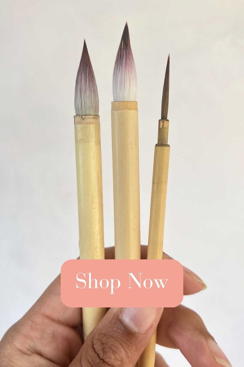 3 chinoiserie brushes being held up with a 'shop now' button