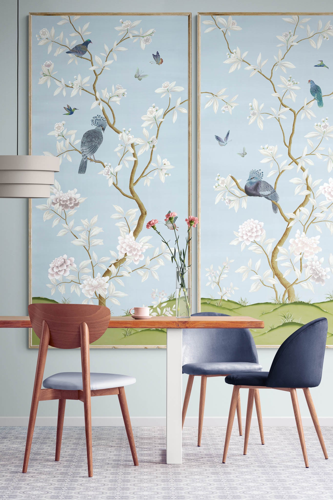 Blue and white chinoiserie set of two Chinoiserie wall prints as wallpaper style panels