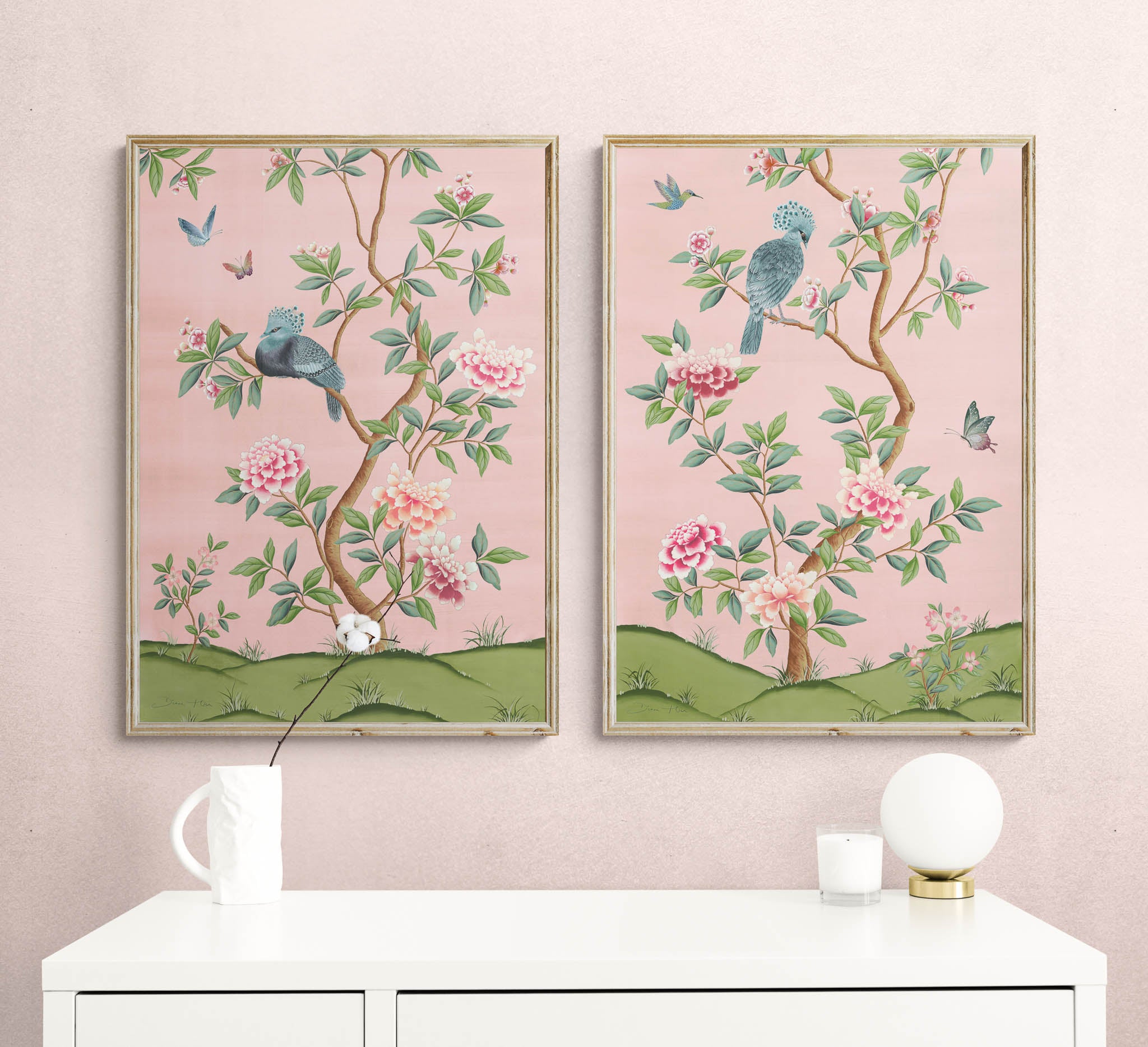 Pink chinoiserie set of two art prints