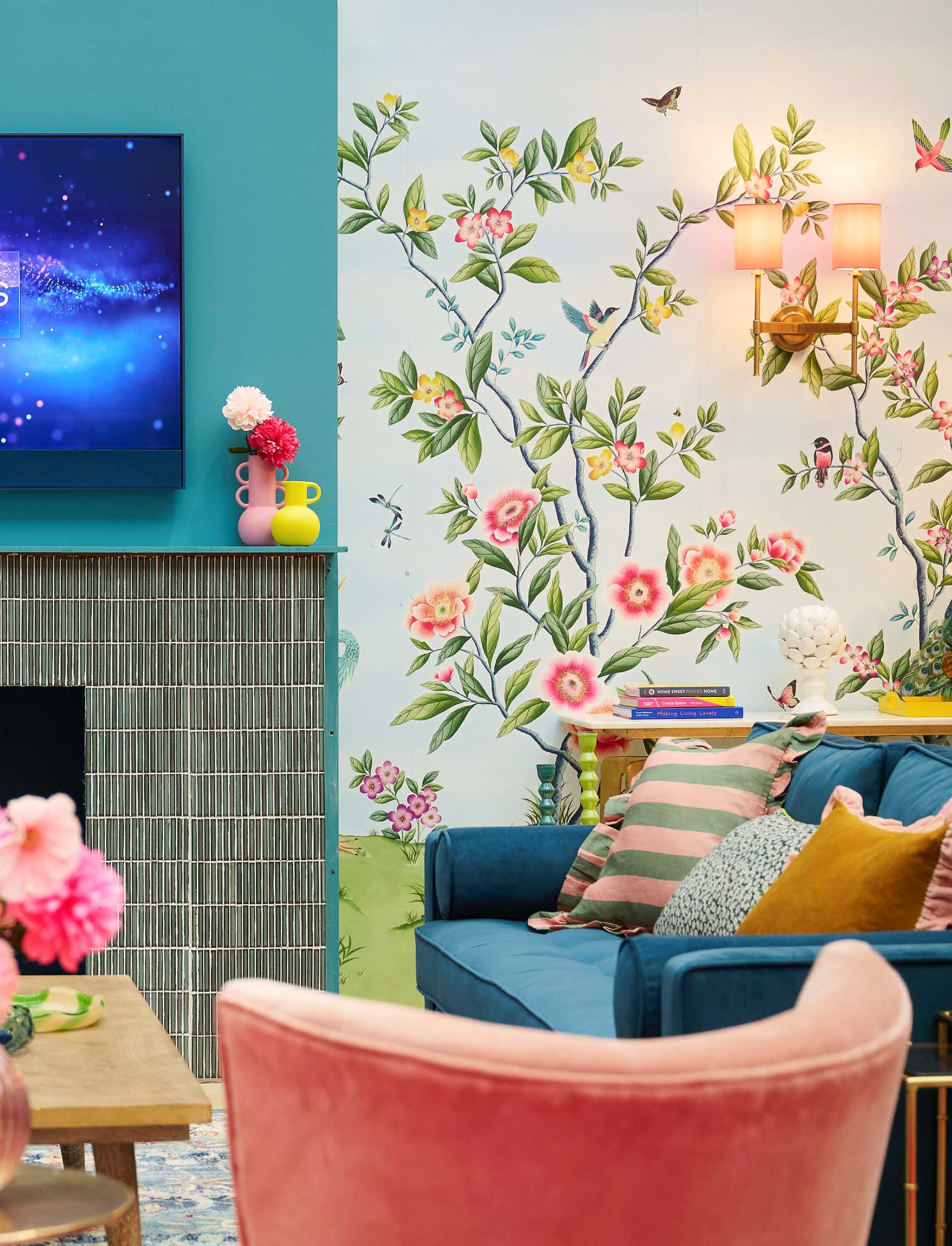 Florence blue colourful chinoiserie floral wall mural at ideal home show London