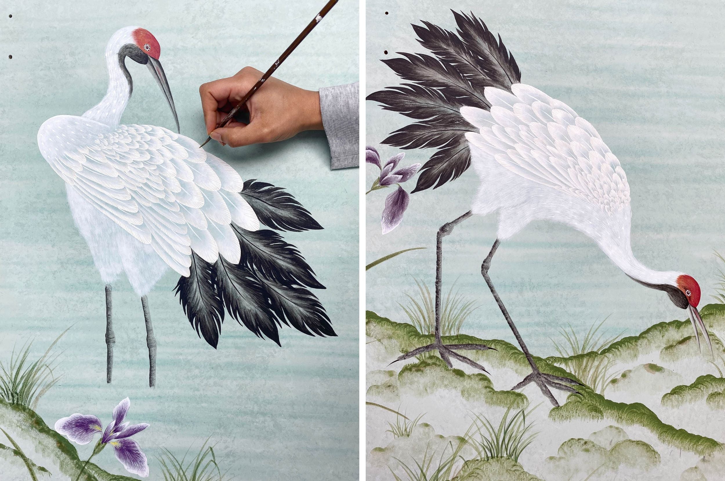 Cranes hand-painted in the chinoiserie style by Diane Hill