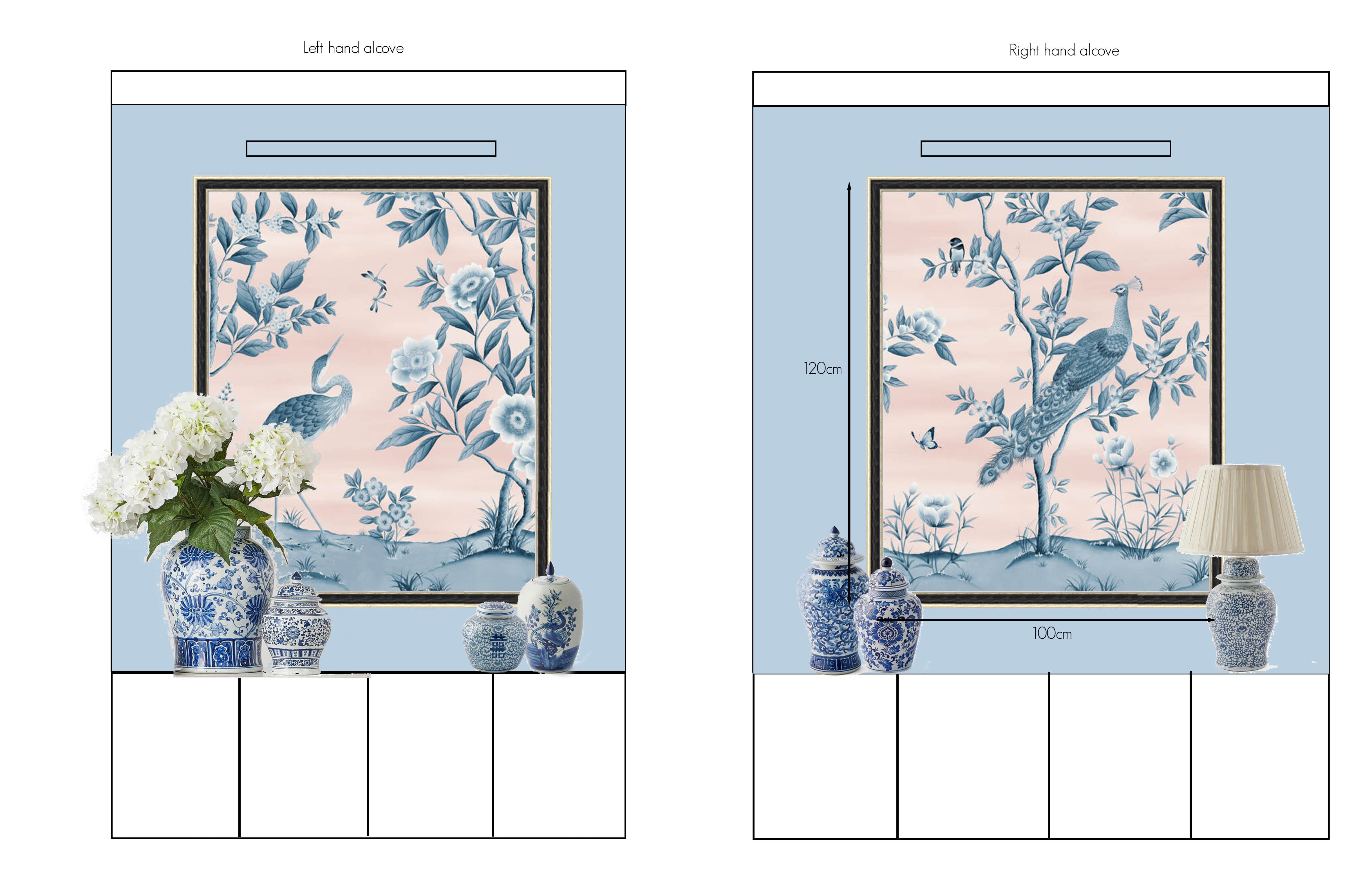 digital renderings of framed chinoiserie wall art alcoves