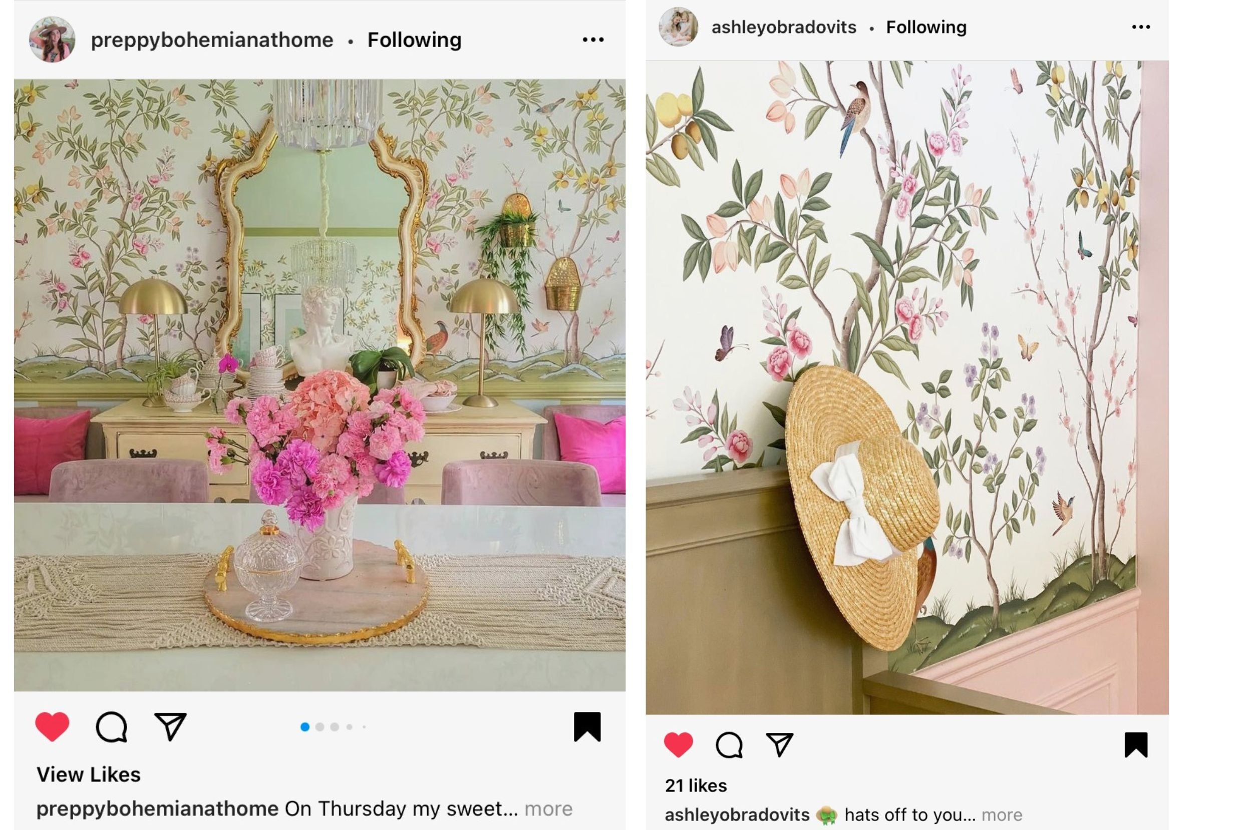 Side by side images of instagram screengrabs featuring 'Chinoiserie Chic' wallpaper by Diane Hill for rebel walls in blogger's lifestyle home decor photos