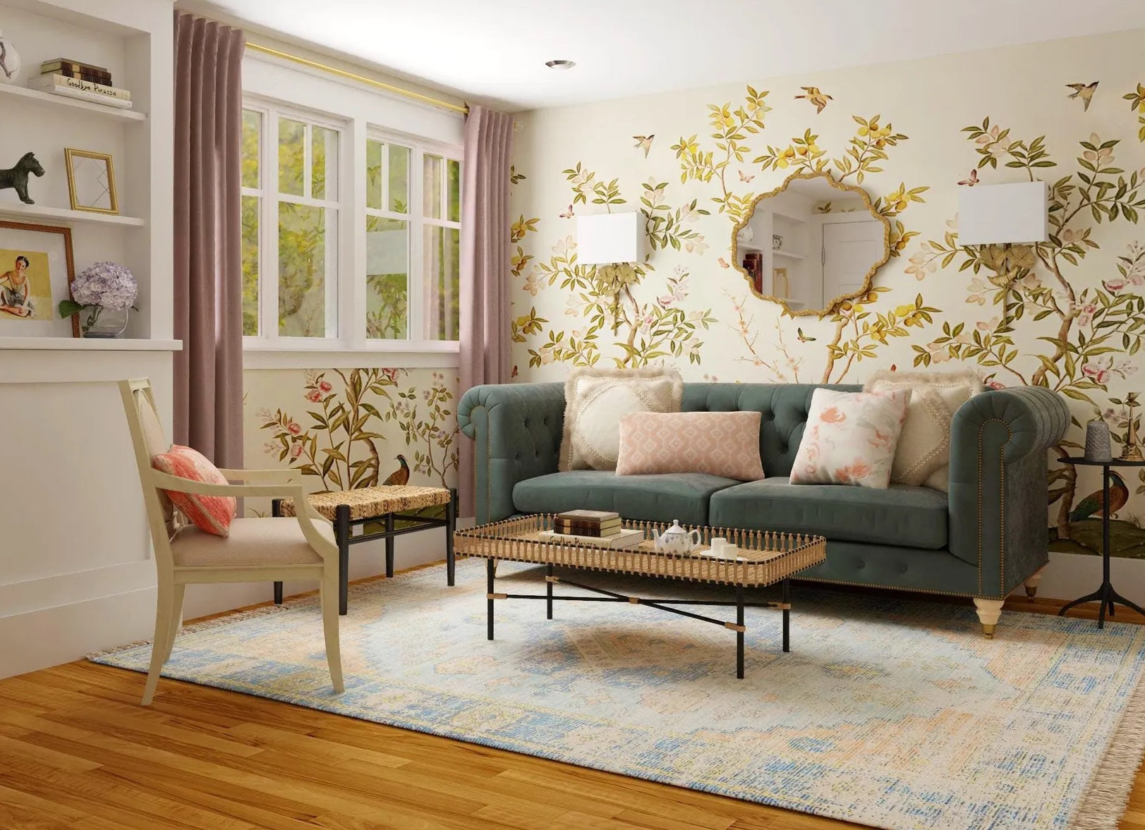 'Grandmillennial' style living room featuring 'Chinoiserie Chic' wallpaper by Diane Hill for rebel walls