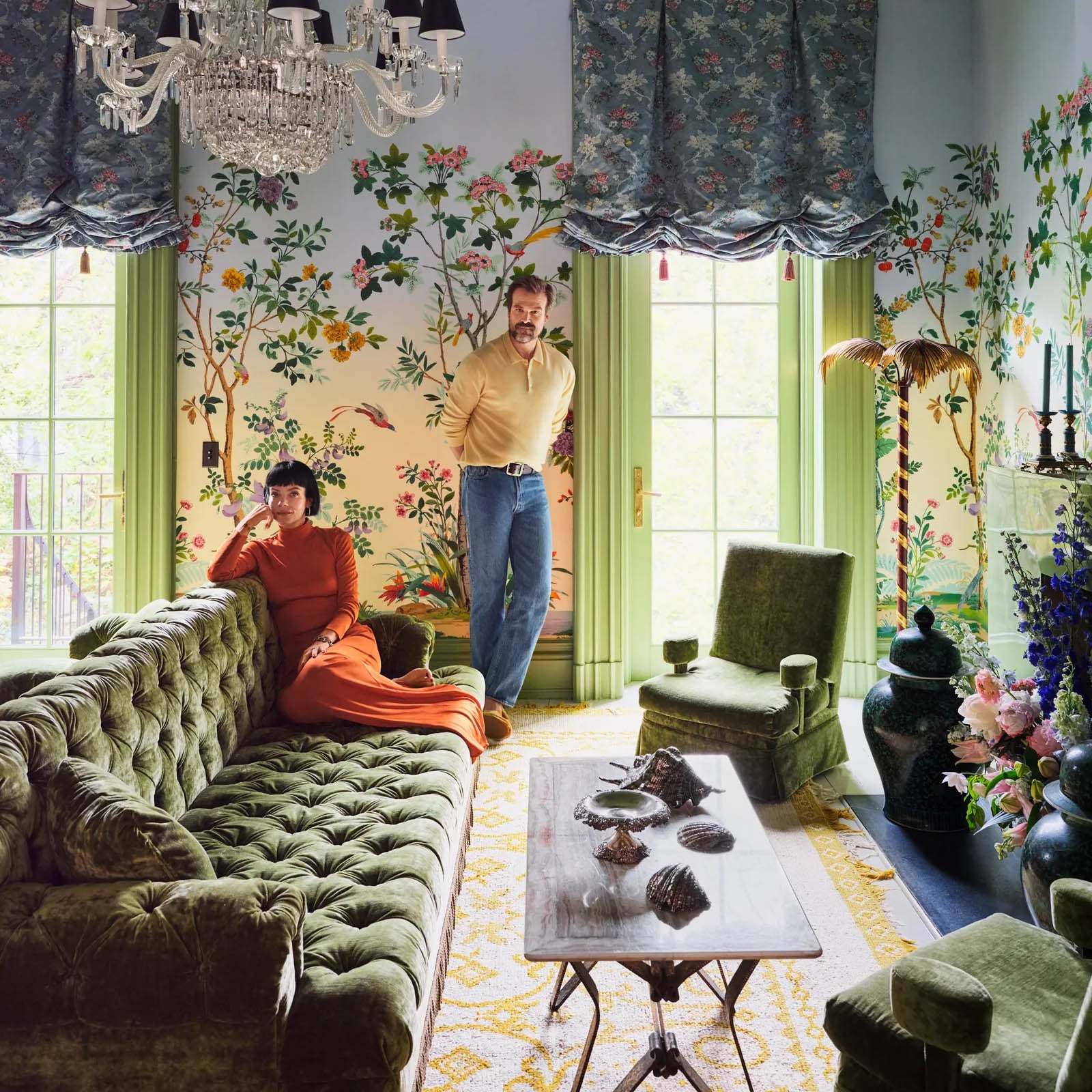 Lily Allen and David Harbour maximalist garden room with scenic zuber chinoiserie wallpaper