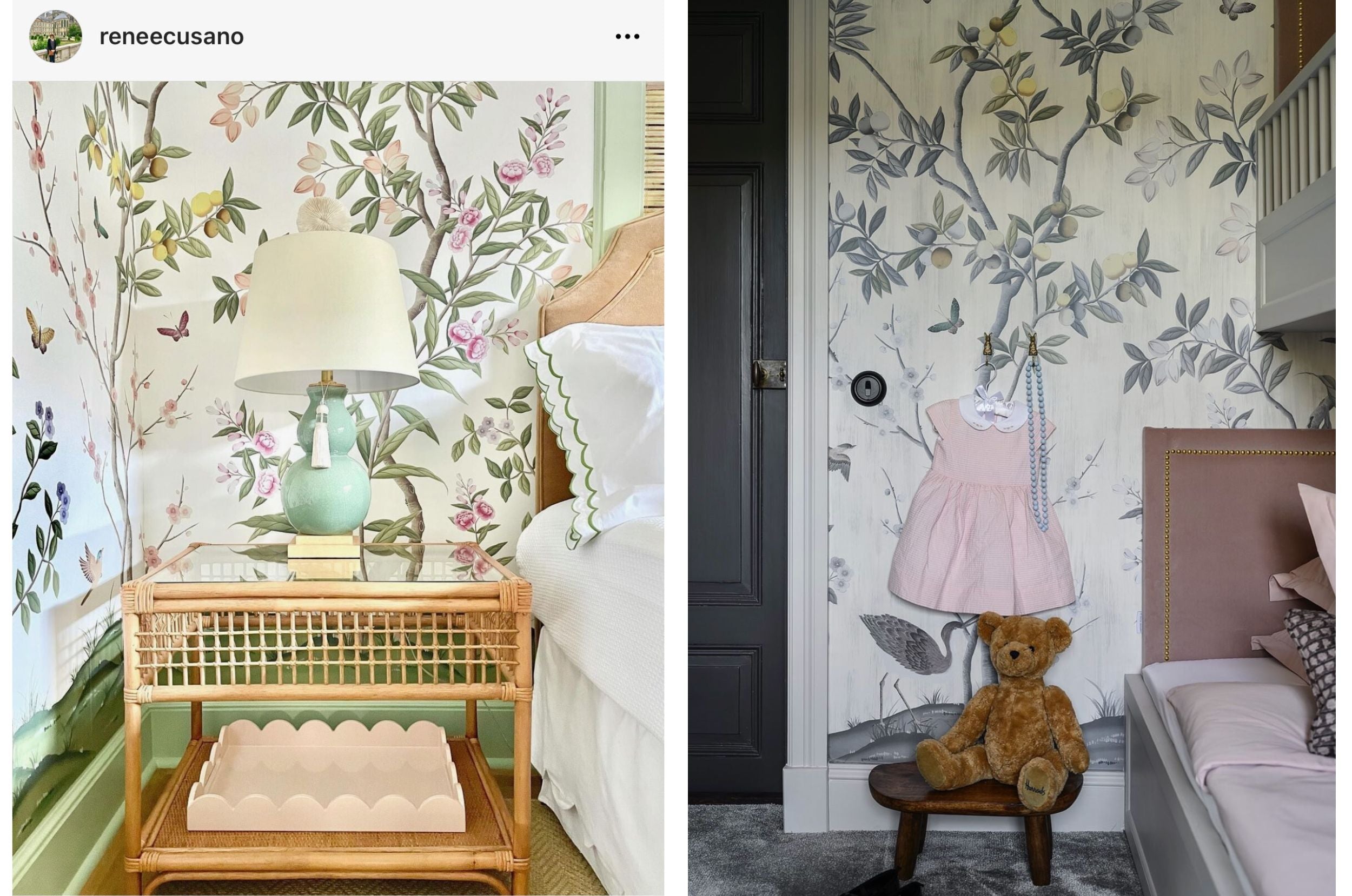 Side by side screenshots of Diane Hill's 'Chinoiserie Chic' wallpaper for Rebel Walls in bloggers home decor photos