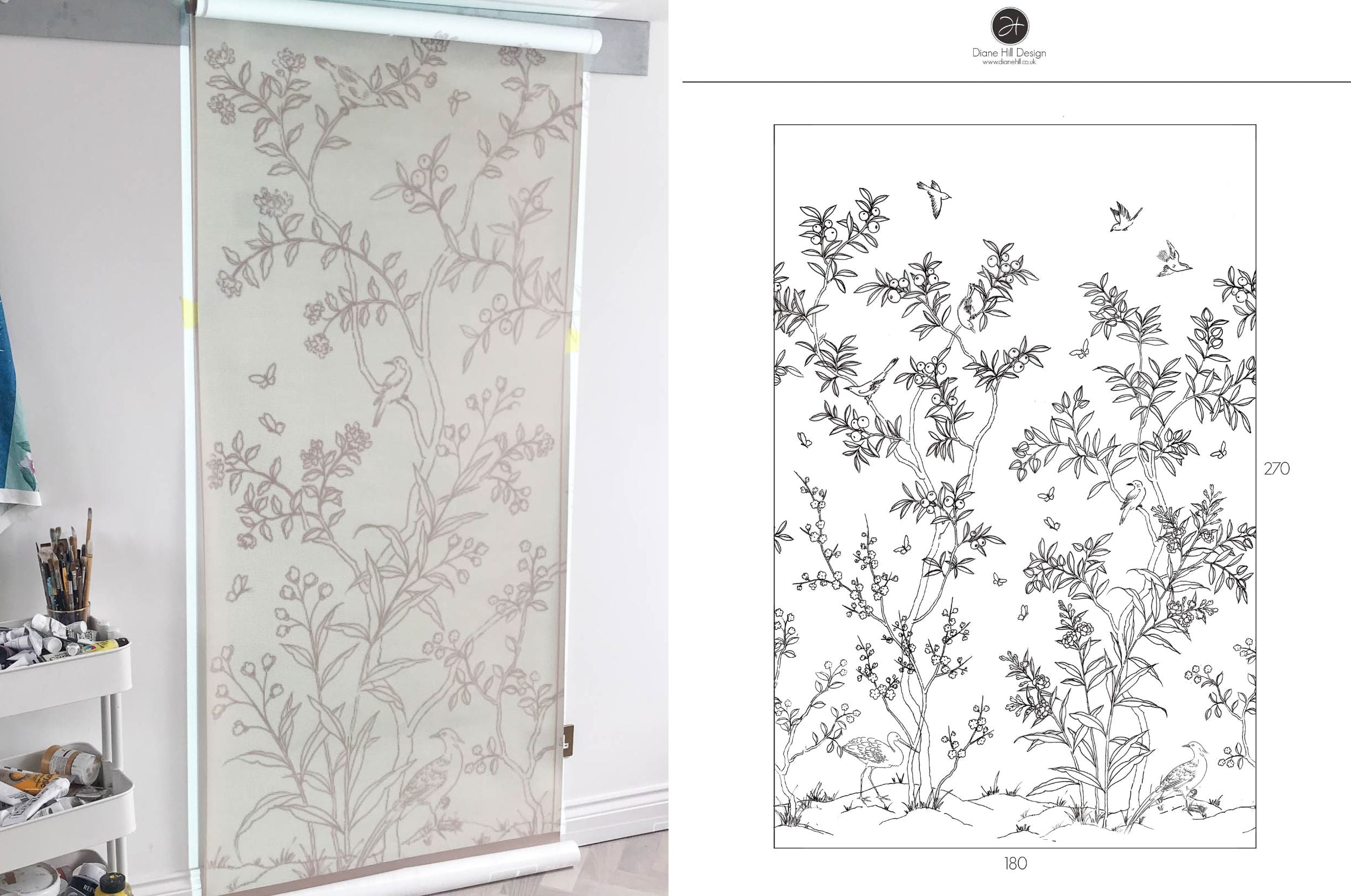 Side by side progress photos of Diane Hill's design for her 'Chinoiserie Chic' wallpaper for Rebel Walls