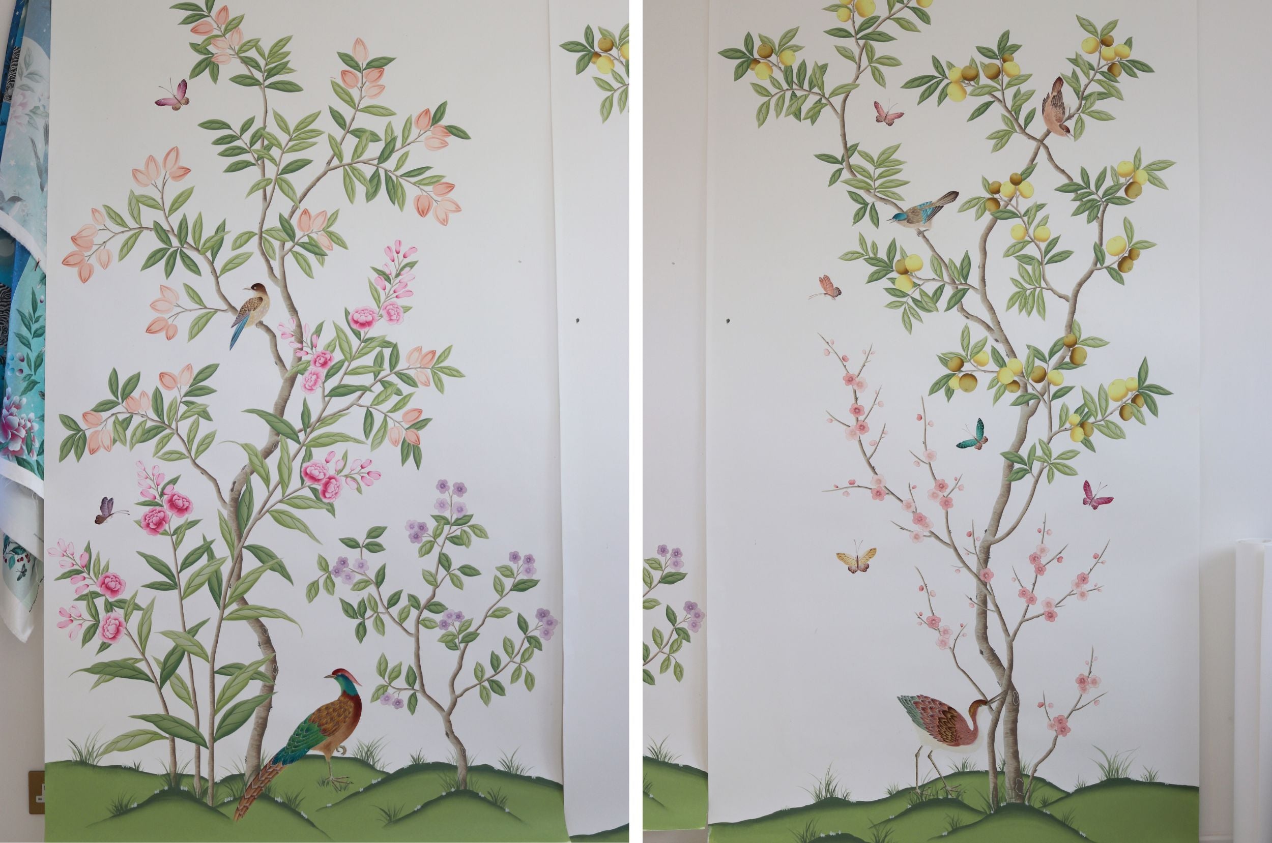 Side by side photos of original painted wallpaper panels by Diane Hill for her Rebel Walls 'Chinoiserie Chic' wallpaper design