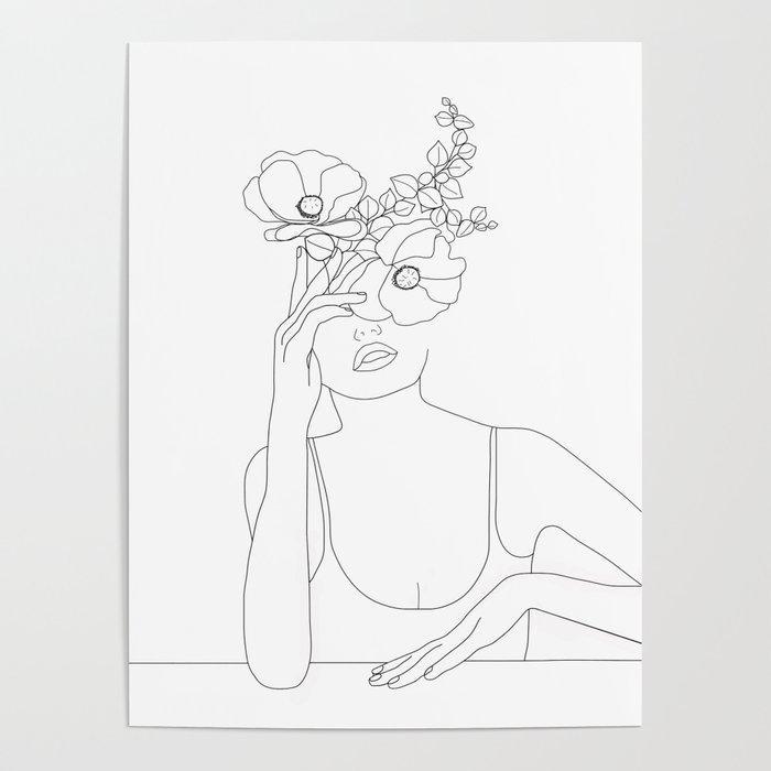 Minimal Line Art Woman with Flowers II Poster exclusive at ...
